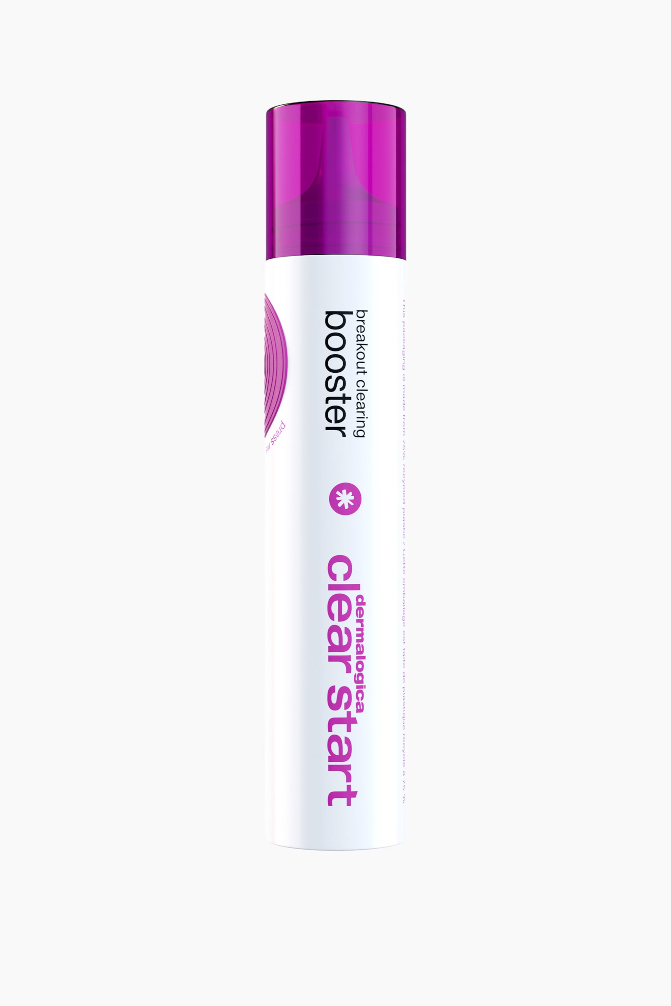 Visa större bild: Breakout Clearing Booster står upprätt och har en vit cylindrisk behållare med ett halvgenomskinligt lila lock. På framsidan av behållaren finns vertikal text som lyder "breakout clearing booster" i svart och "dermalogica clear start" i lila, med en lila asteriskikon placerad mellan dem.