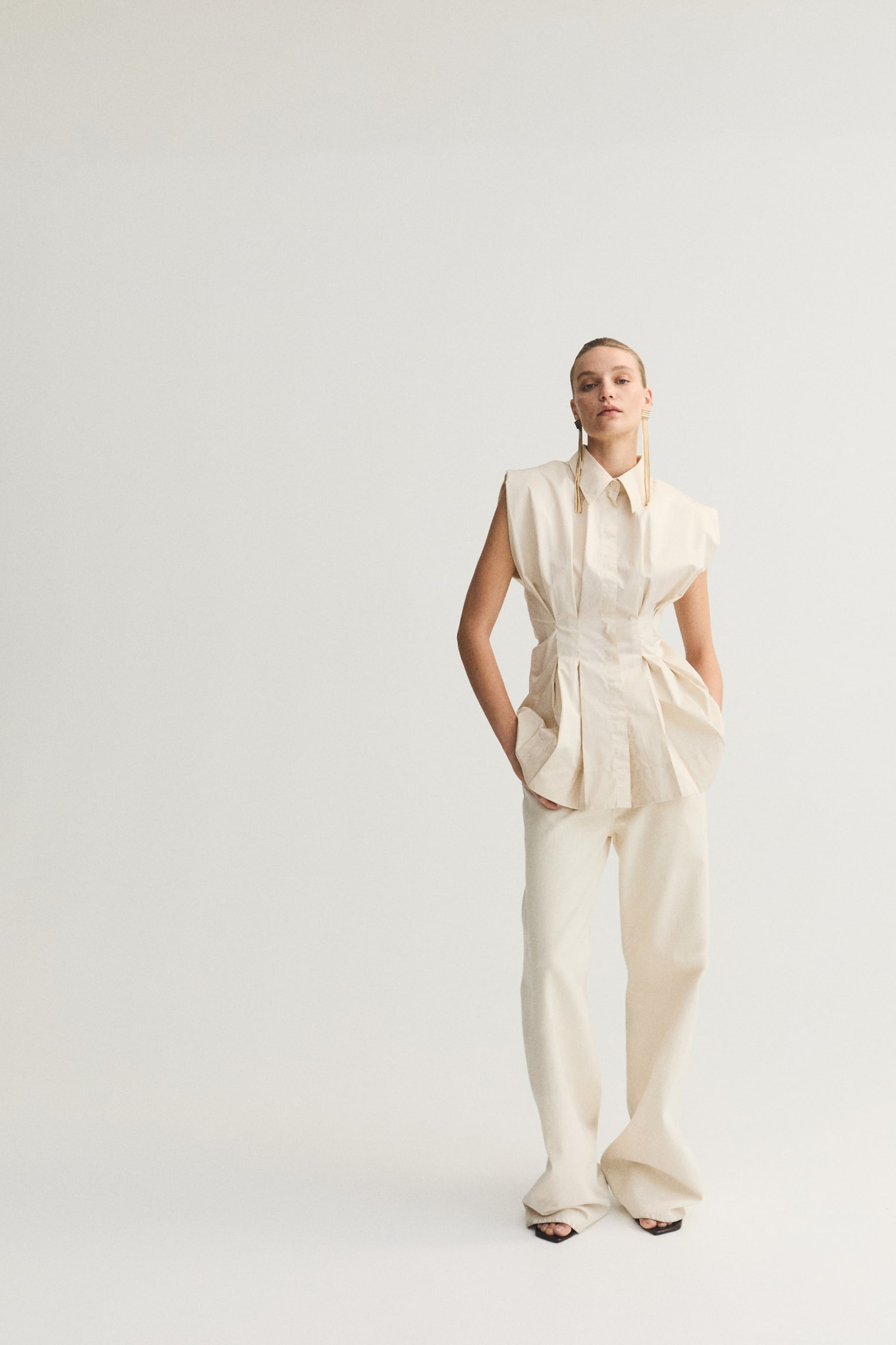 Waisted poplin shirt - Light beige - 5