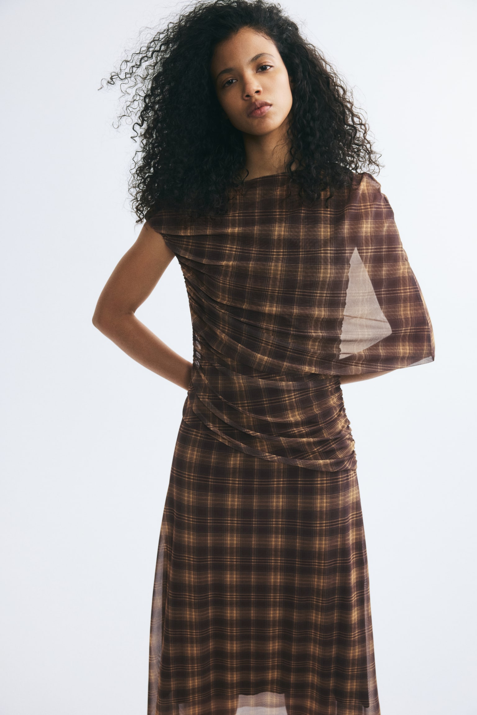Draped cape-detail dress - Dark brown/Checked - 1