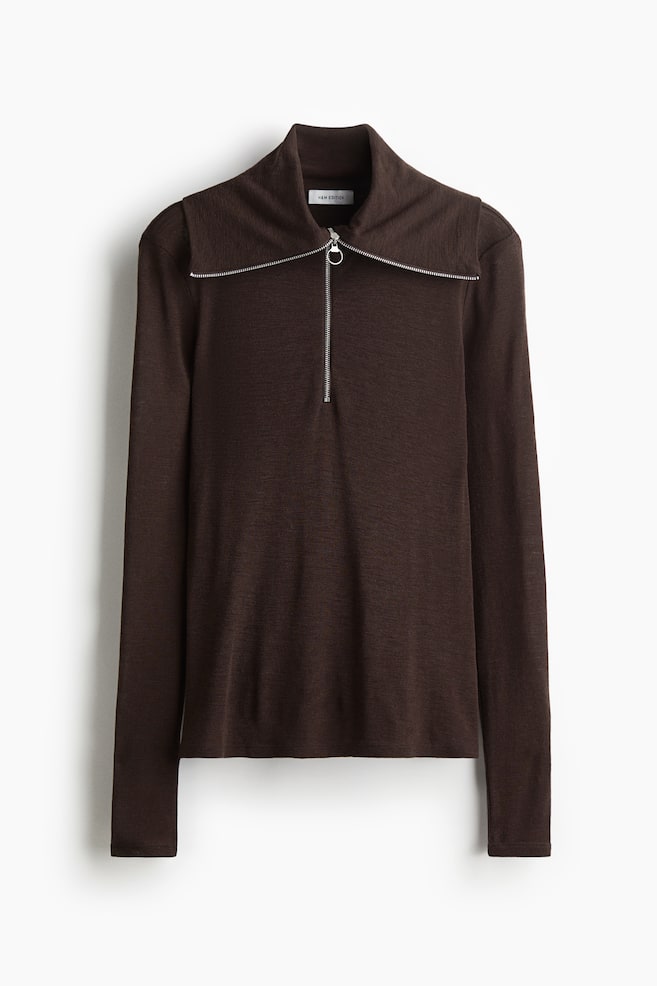 Zip-top wool top - Dark brown/Bright red - 1