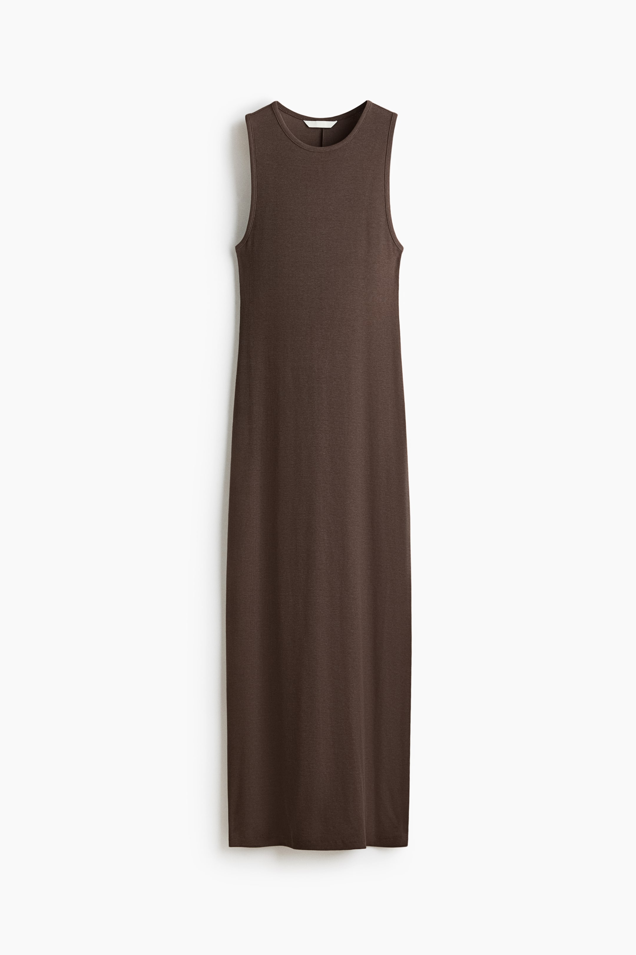 View larger image: A brown sleeveless dress is showcased head-on. It features a round neckline and a long, straight silhouette.