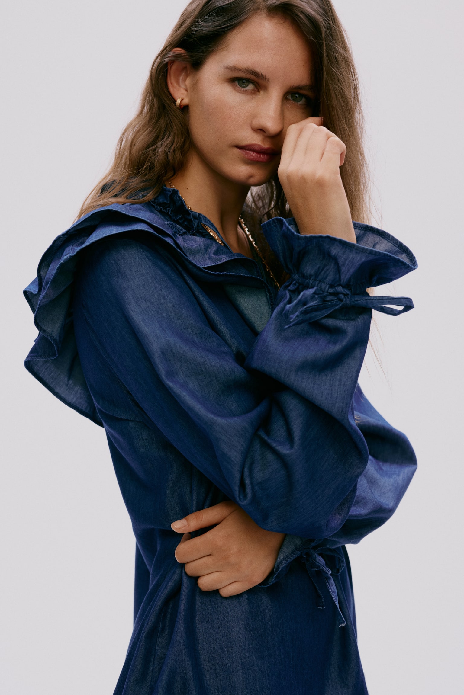 Frill-trimmed denim dress - Dark denim blue - 4