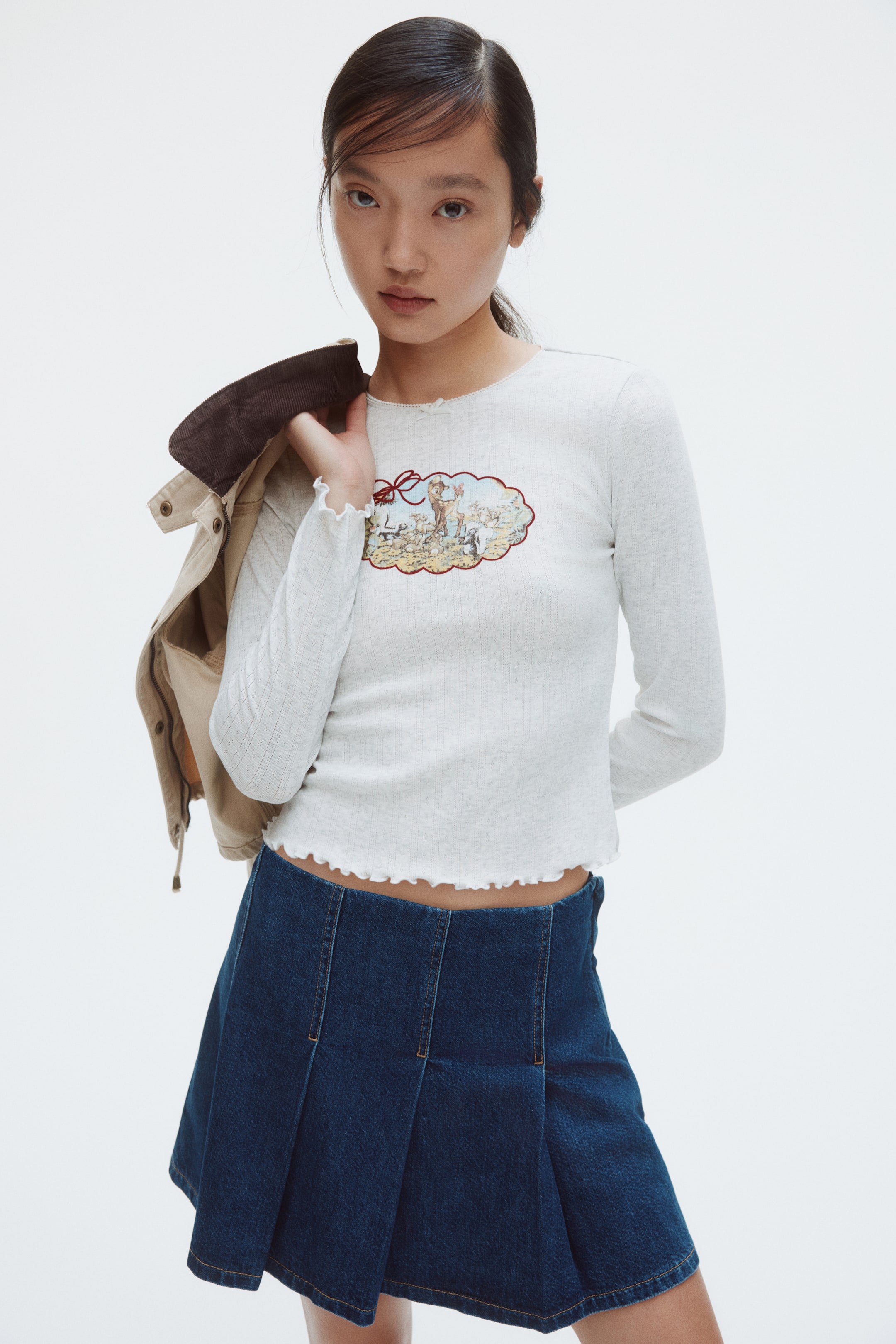 Xem ảnh lớn hơn: Áo cotton jersey - Màu xám nhạt đốm/Bambi - Ladies | H&M VN 1