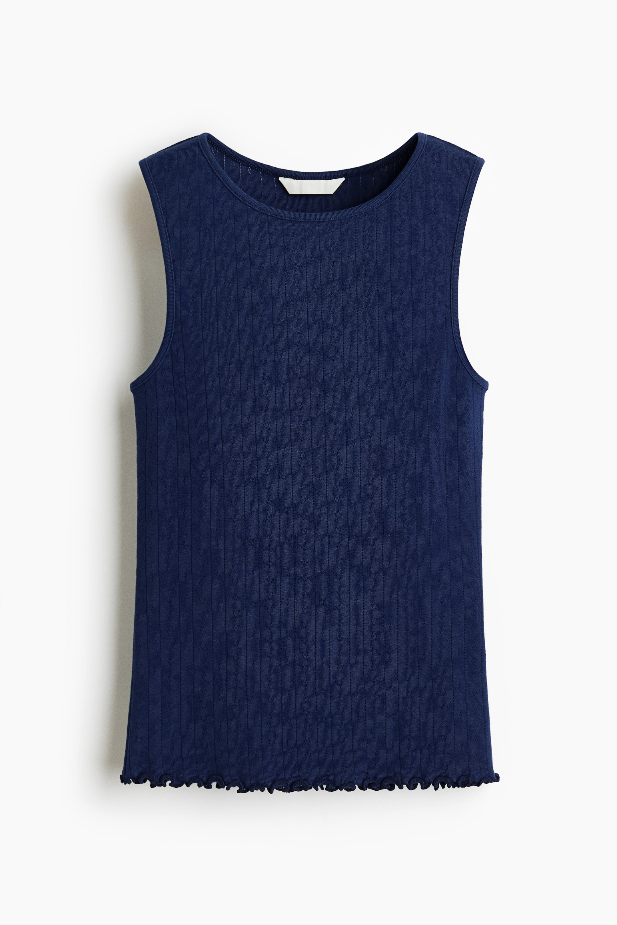 View larger image: A navy blue ribbed tank top is displaying its FRONT. It features a round neck and a ribbed texture throughout, ending with a lettuce hem.