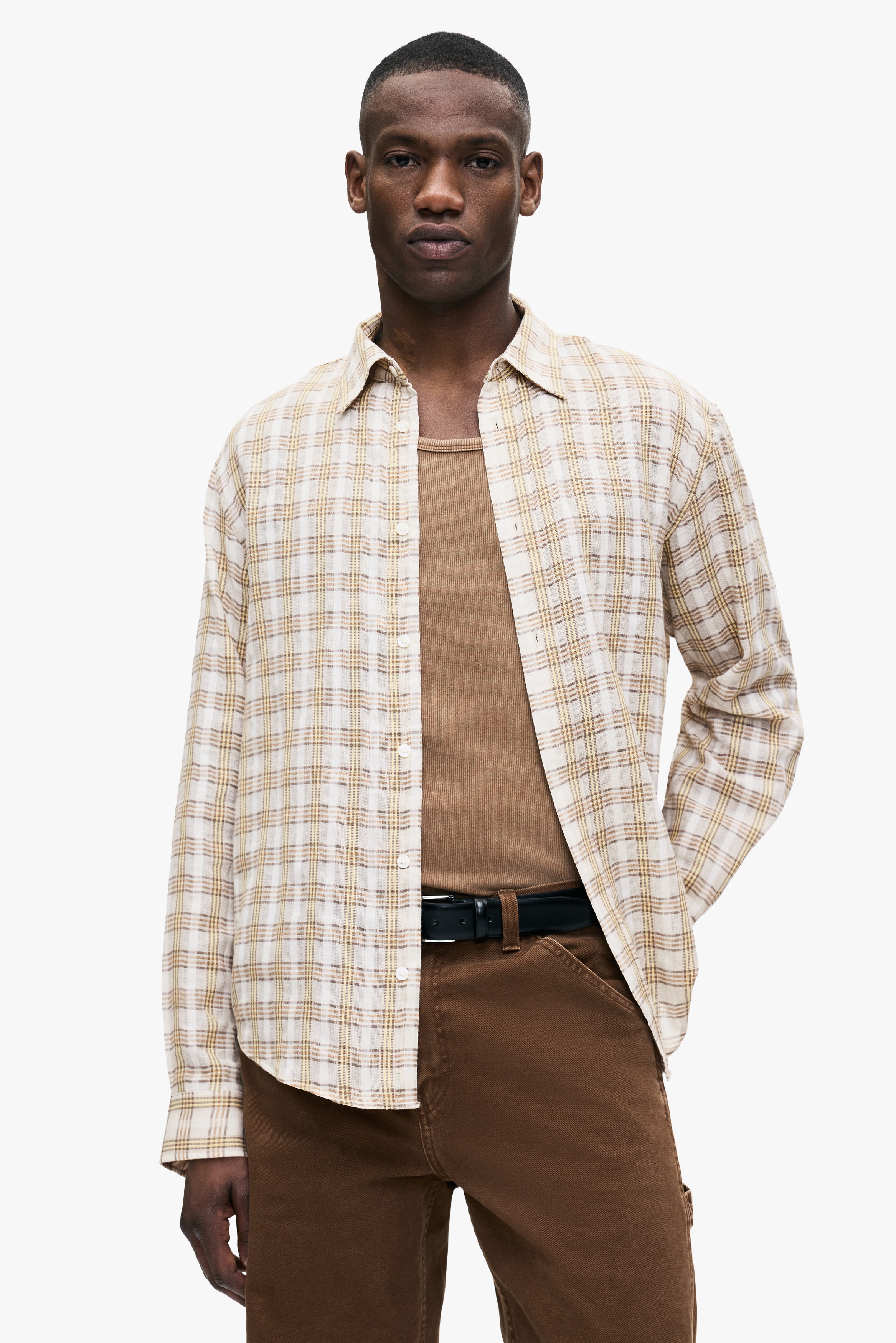 Relaxed Fit Cotton shirt - Light beige/checked - Men | H&M US