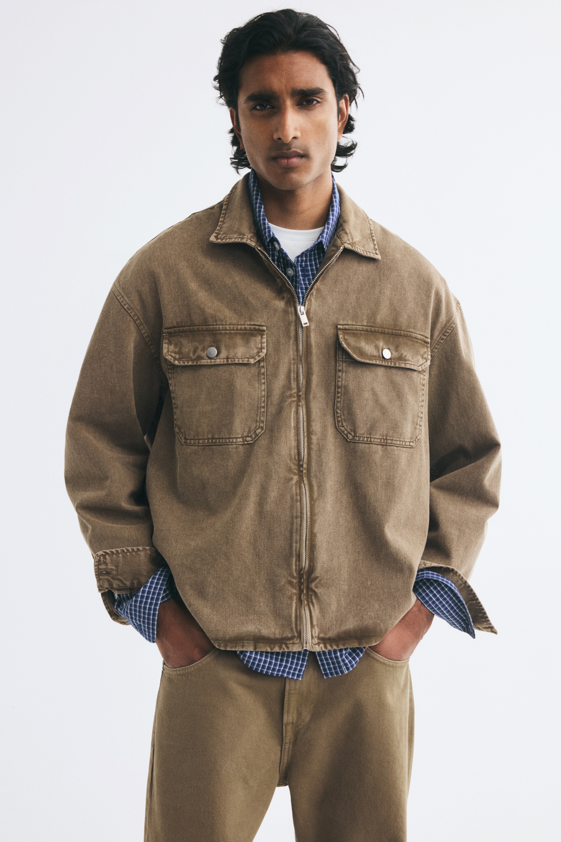 Cotton twill overshirt - Light denim brown/Dark brown
