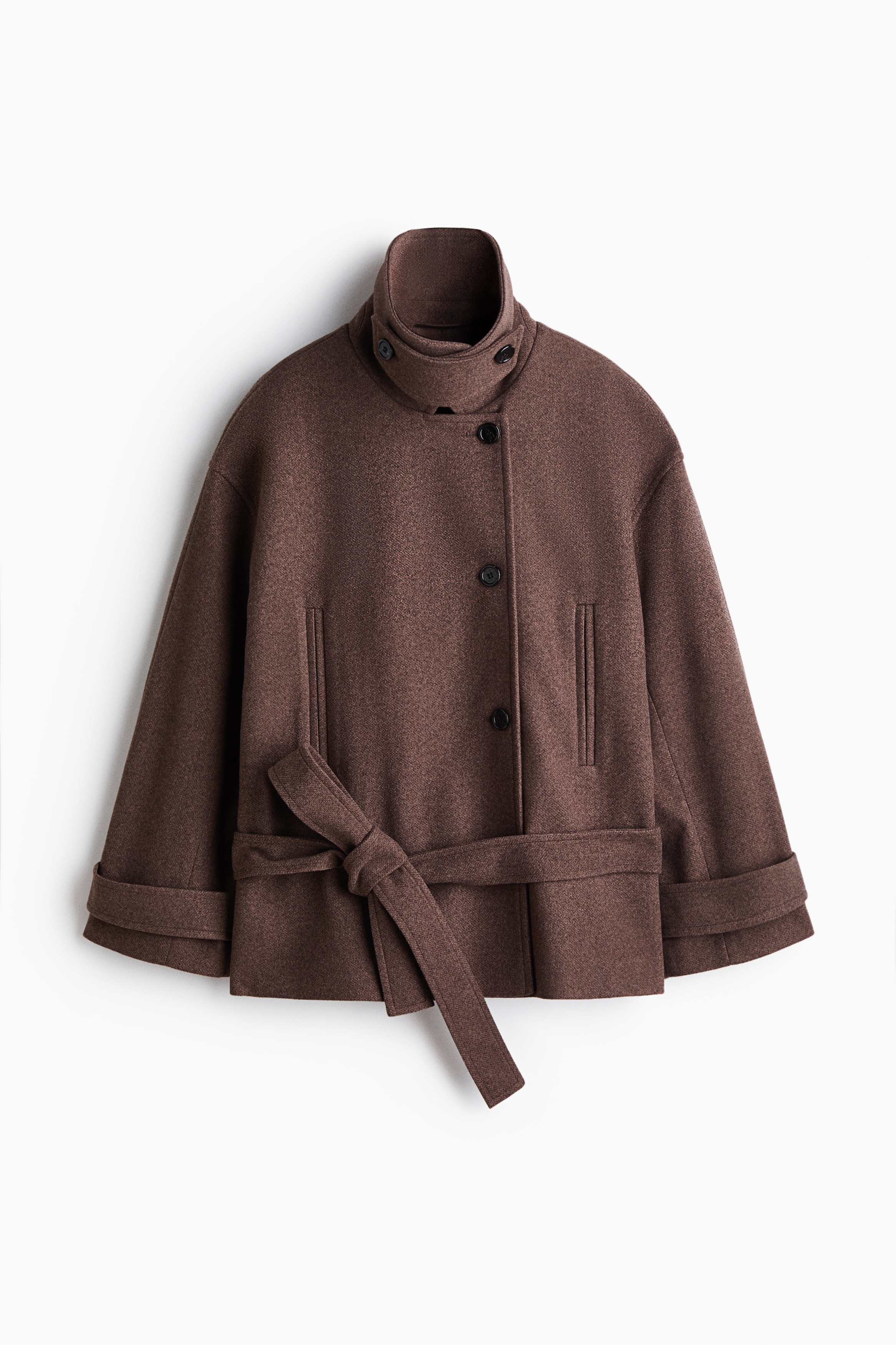 Funnel Collar Tie Belt Jacket