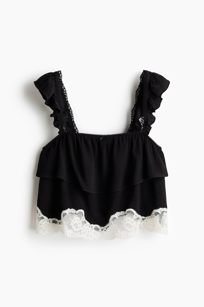 Top da pigiama con bordi in pizzo - Nero - 1