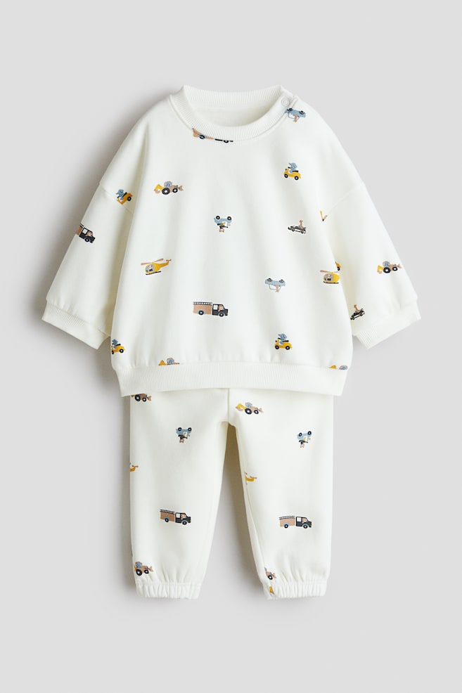2-Piece Printed Sweatshirt and Joggers Set - Cream/vehicles/Light green/vehicles/Beige/animals/White/dinosaurs - 1