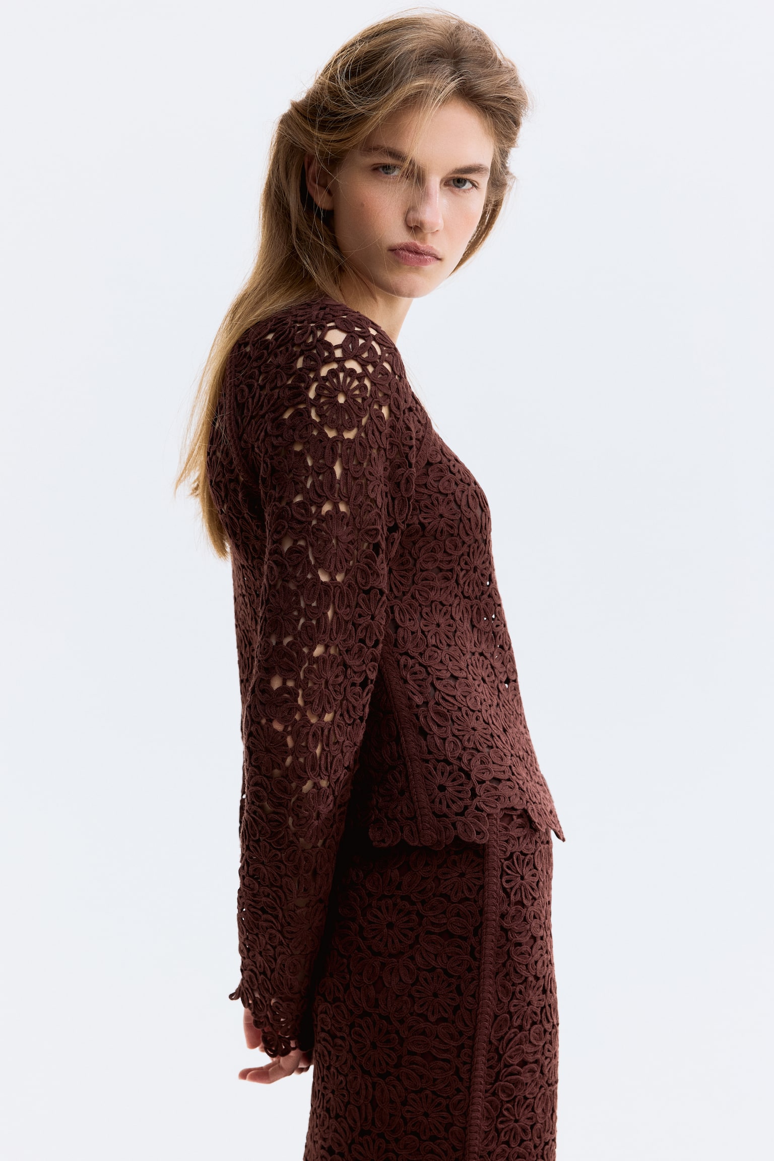 Crochet-look cardigan - Dark brown - 1