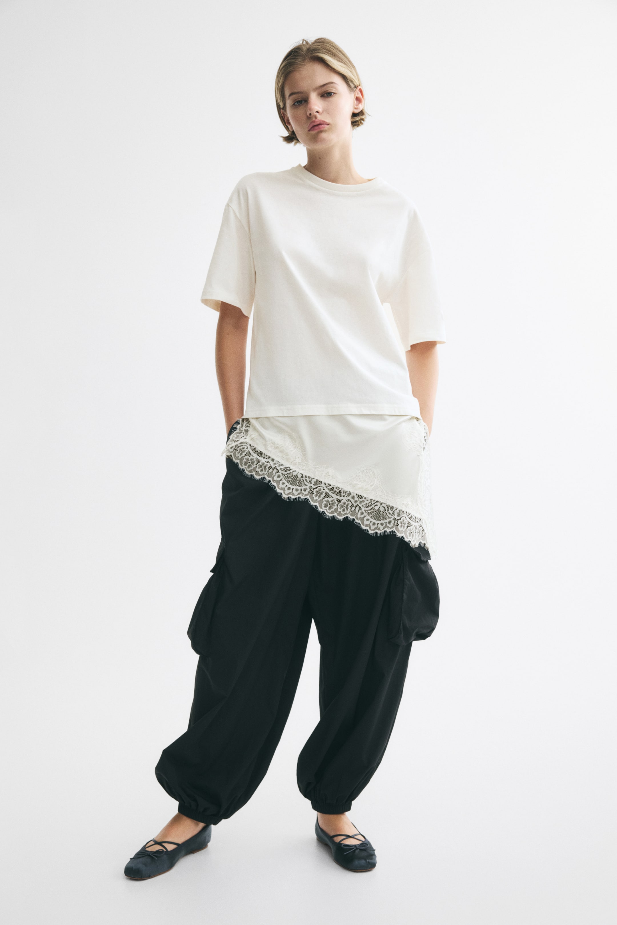 Lace-Trimmed Asymmetric T-Shirt