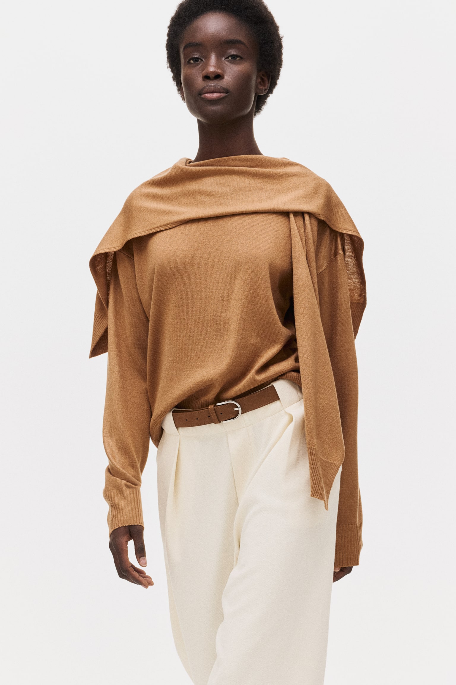 Belted Ponte Pants - Cream/Dark brown - 5