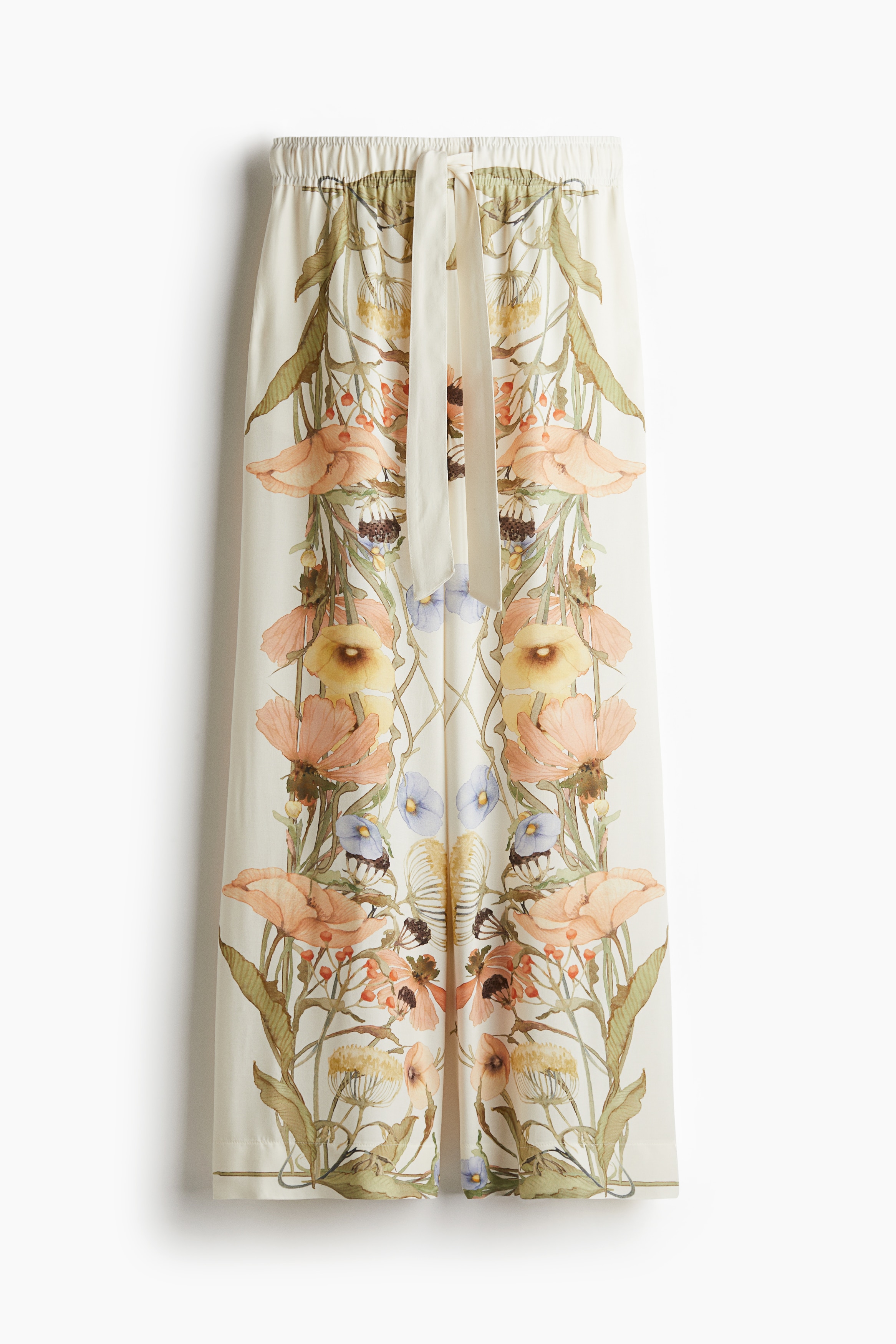 Kuşaklı Geniş Pantolon - Krem/Çiçekli