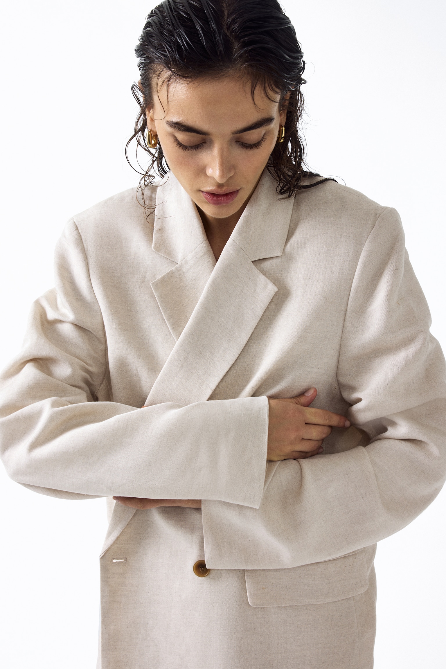 Linen-blend double-breasted blazer - Light beige - 3