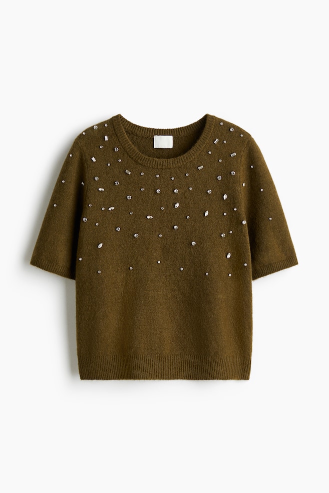 Rhinestone-Embellished Fine-Knit Top - Dark khaki green/White/Dark gray melange - 1