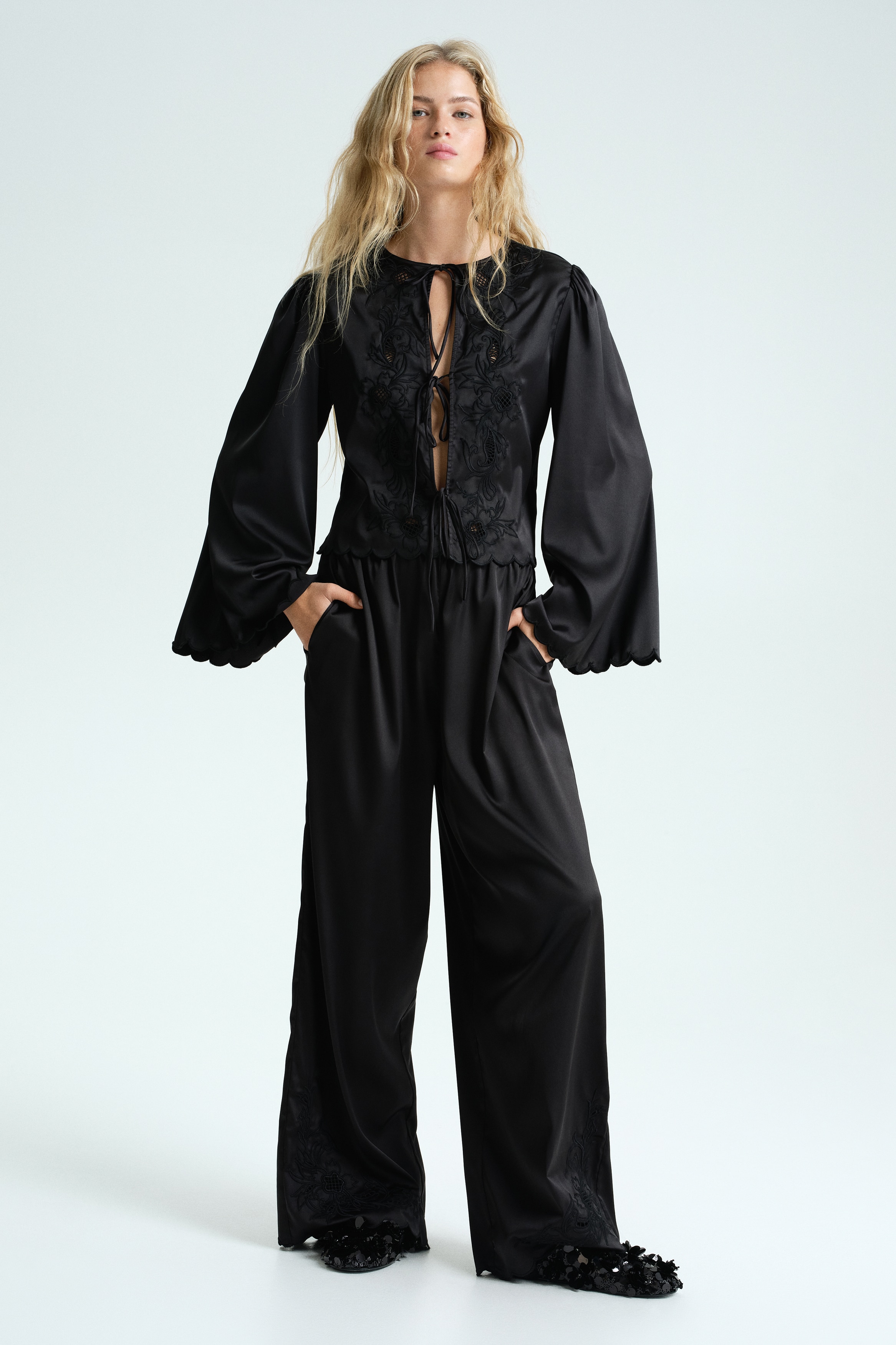 Tie-front satin blouse