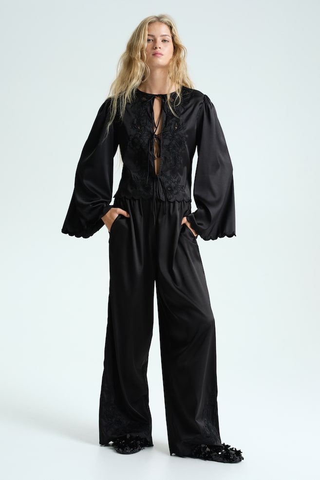 Tie-Front Satin Blouse-Black - 4