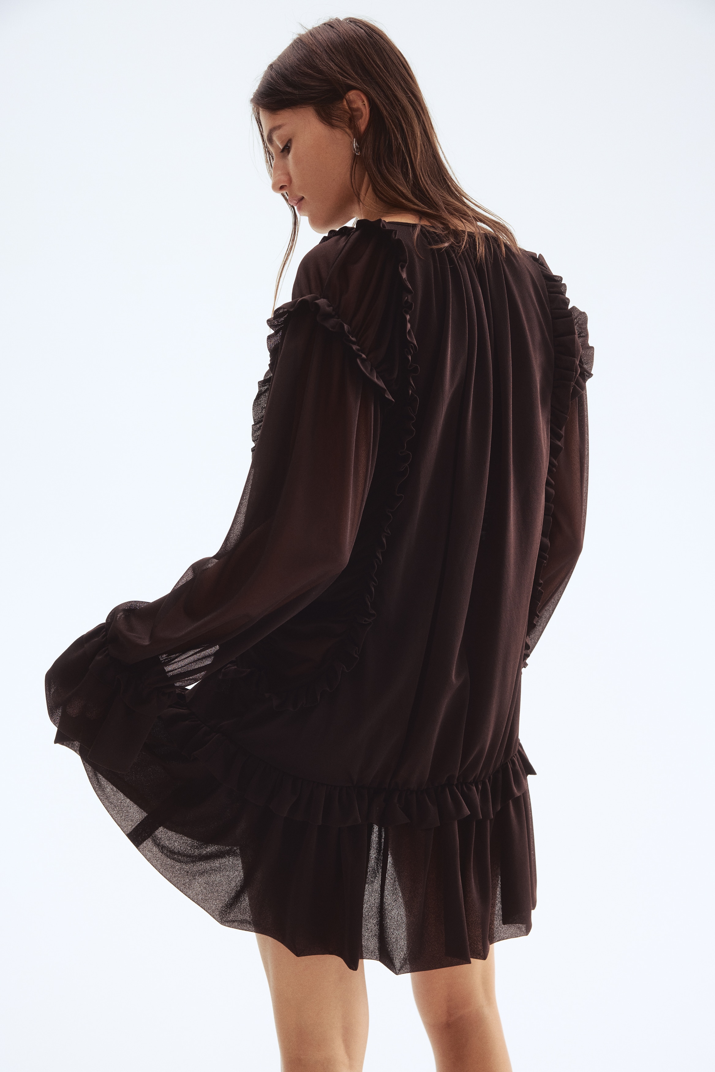 h&m brown ruffle dress Ladies - Dark Brown Frill-trimmed high-low dress - Size: XS
