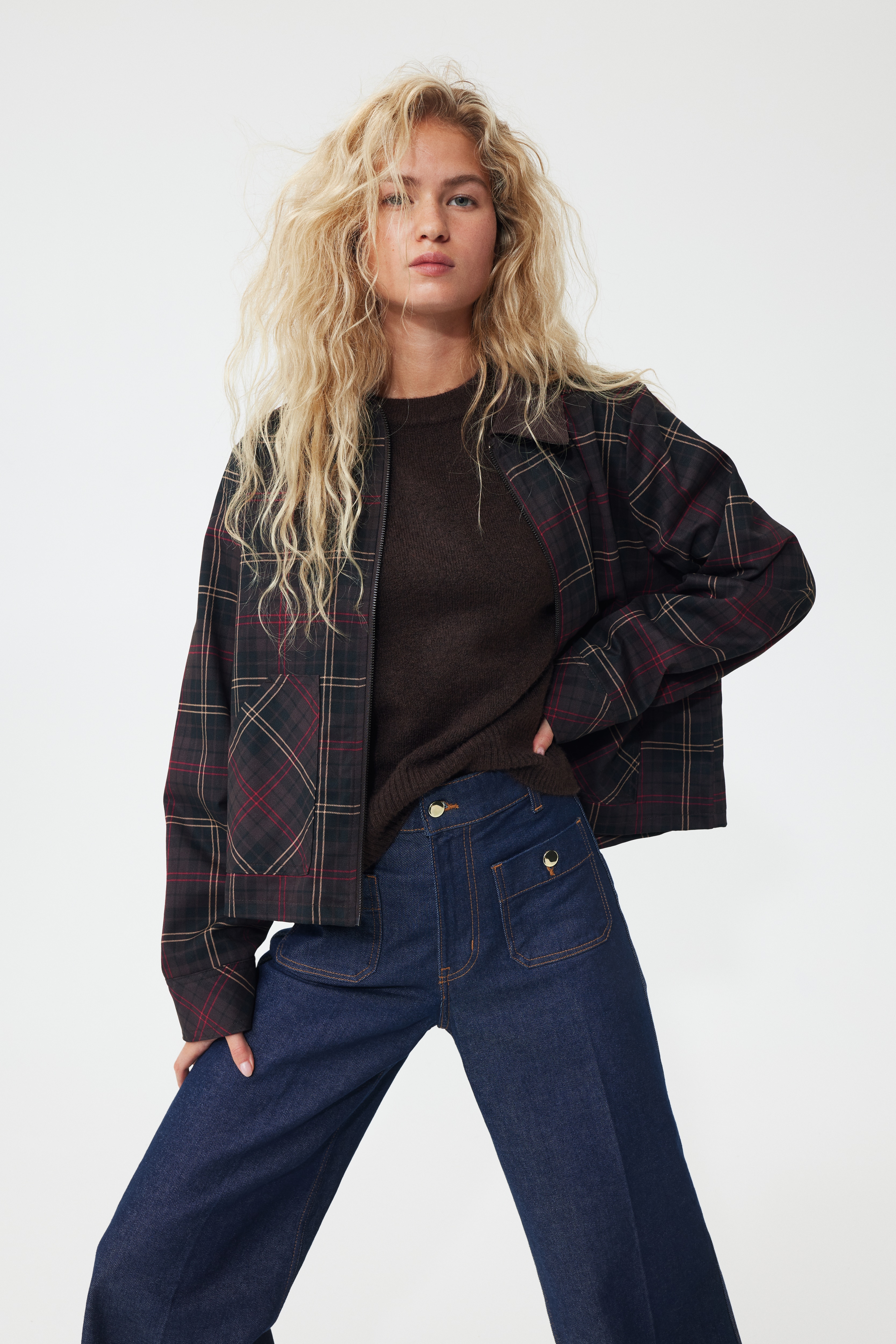 Femme - Veste en twill avec col en velours côtelé Marron foncé/carreaux - Size: M  - H&M