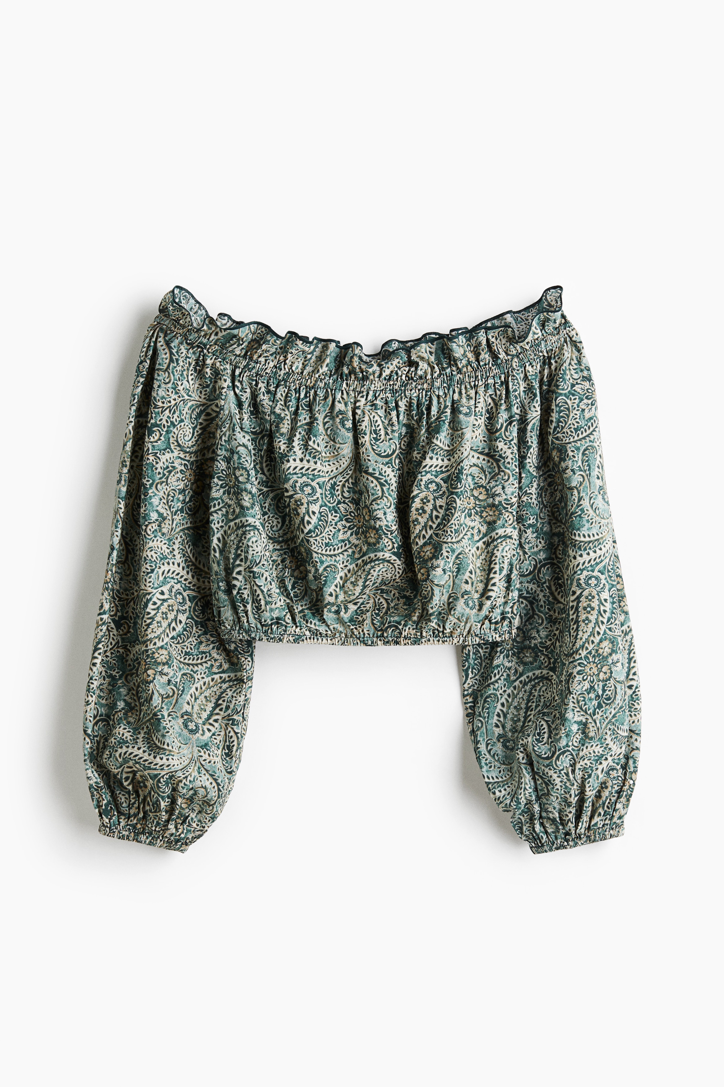 Cropped off-the-shoulder blouse - Dark green/Paisley pattern