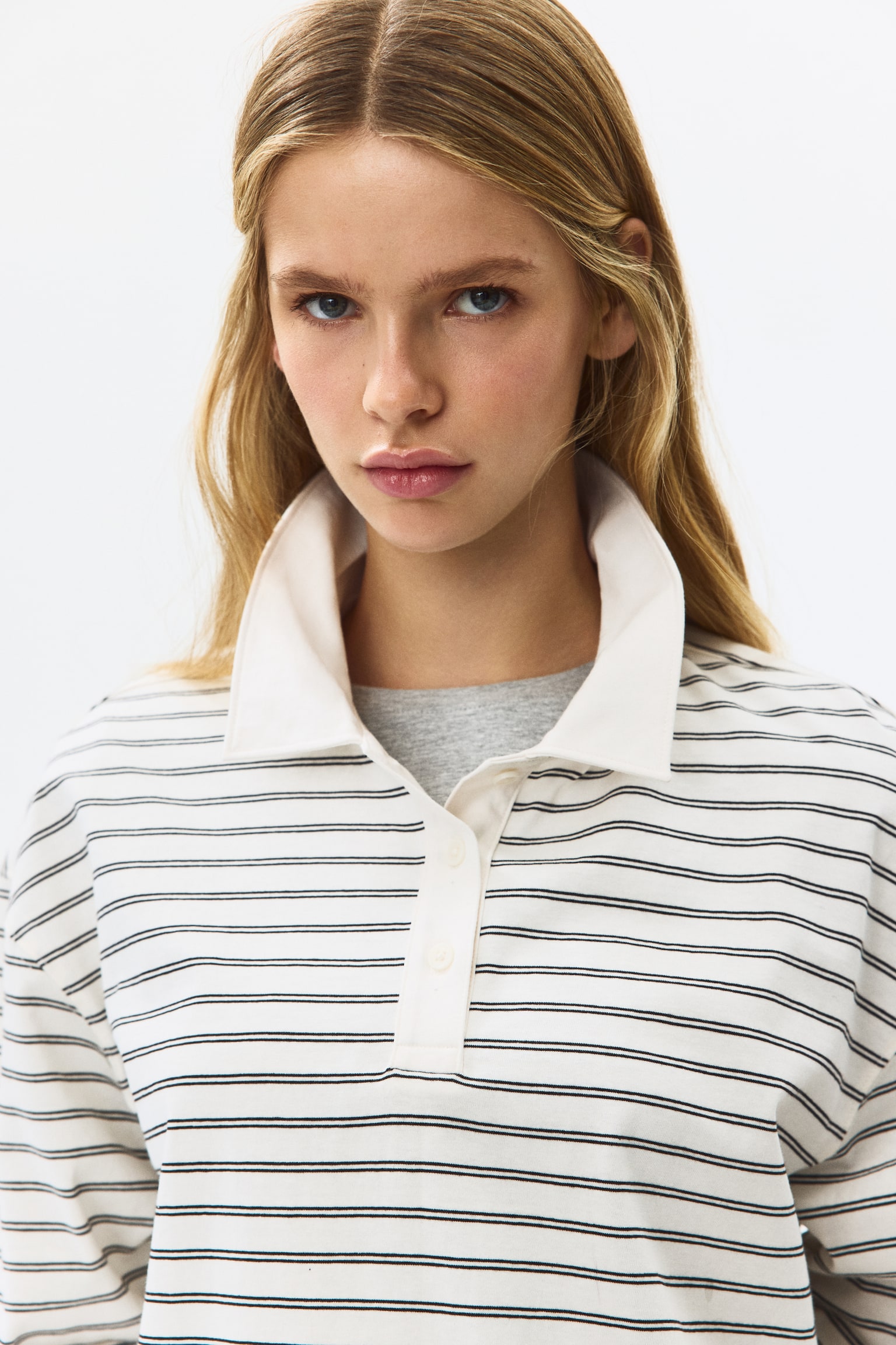 Женское поло H&M Cotton Polo Shirt, цвет: Кремовый / Полосатый — фото 4