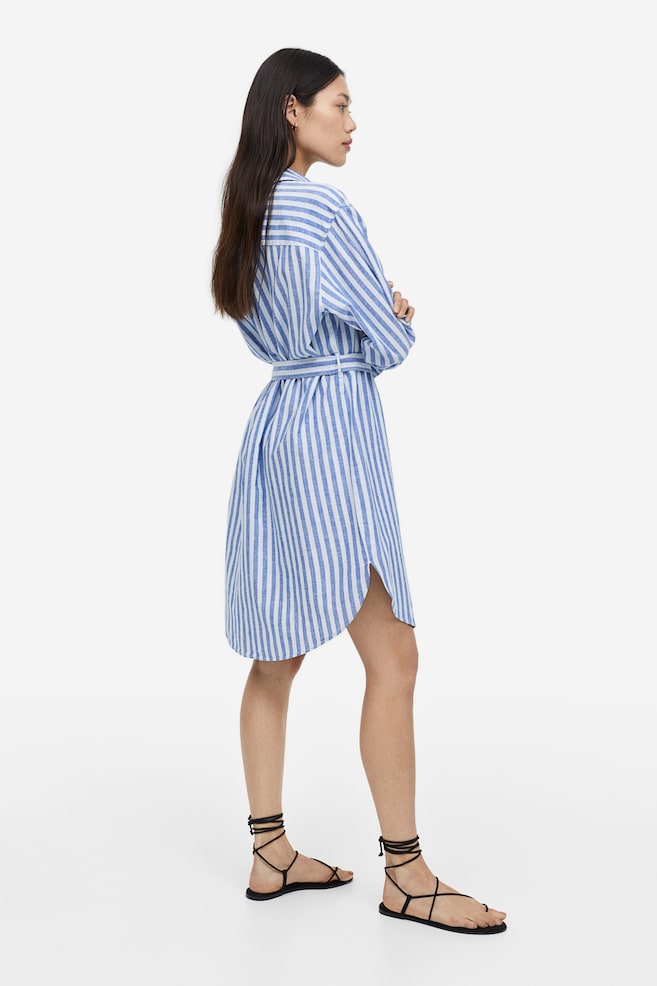 Linen-blend shirt dress - Blue/Striped/Light beige/Light blue - 3