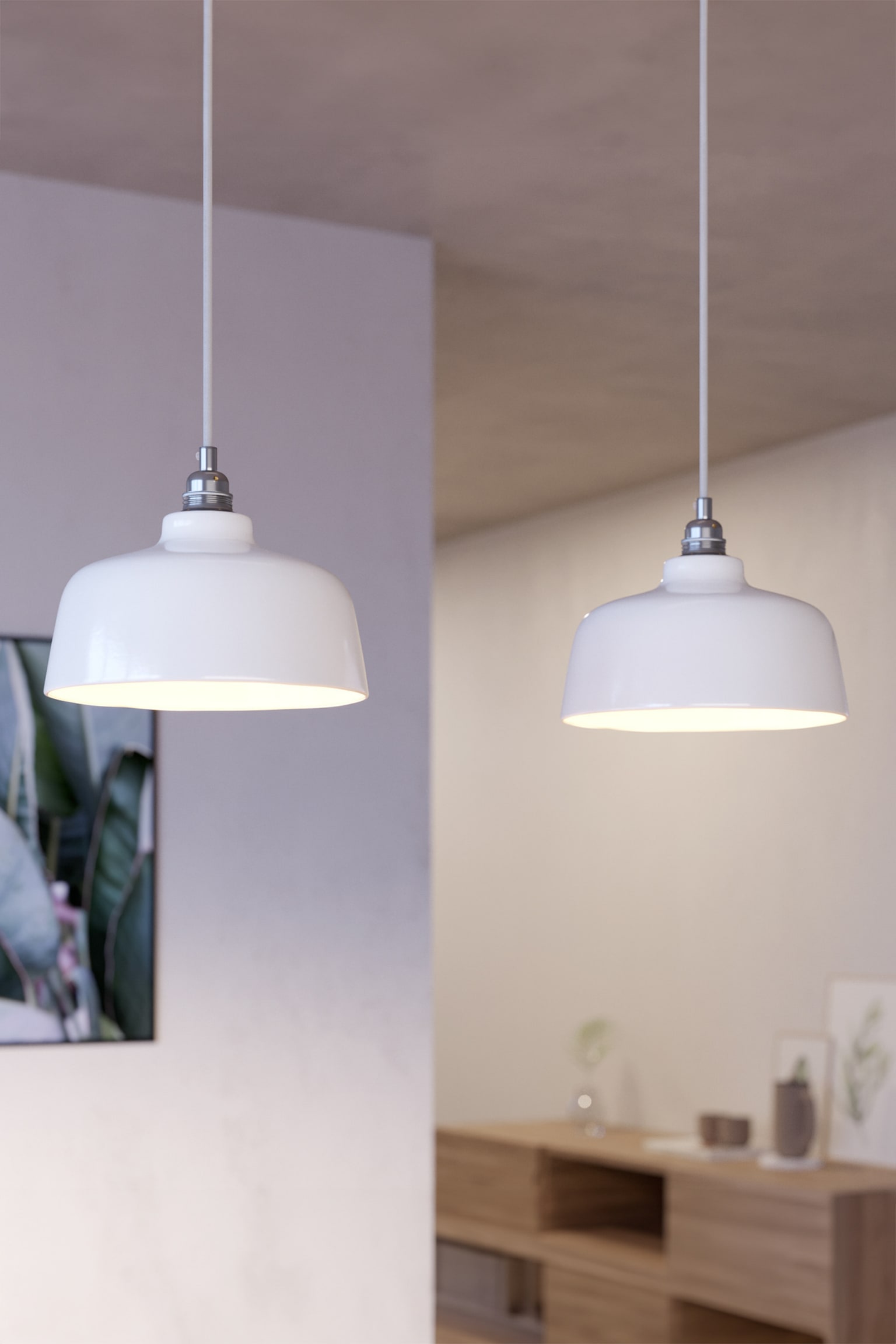 Lampadario A Due Cadute Con Paralumi Coppa - Bianco - 5