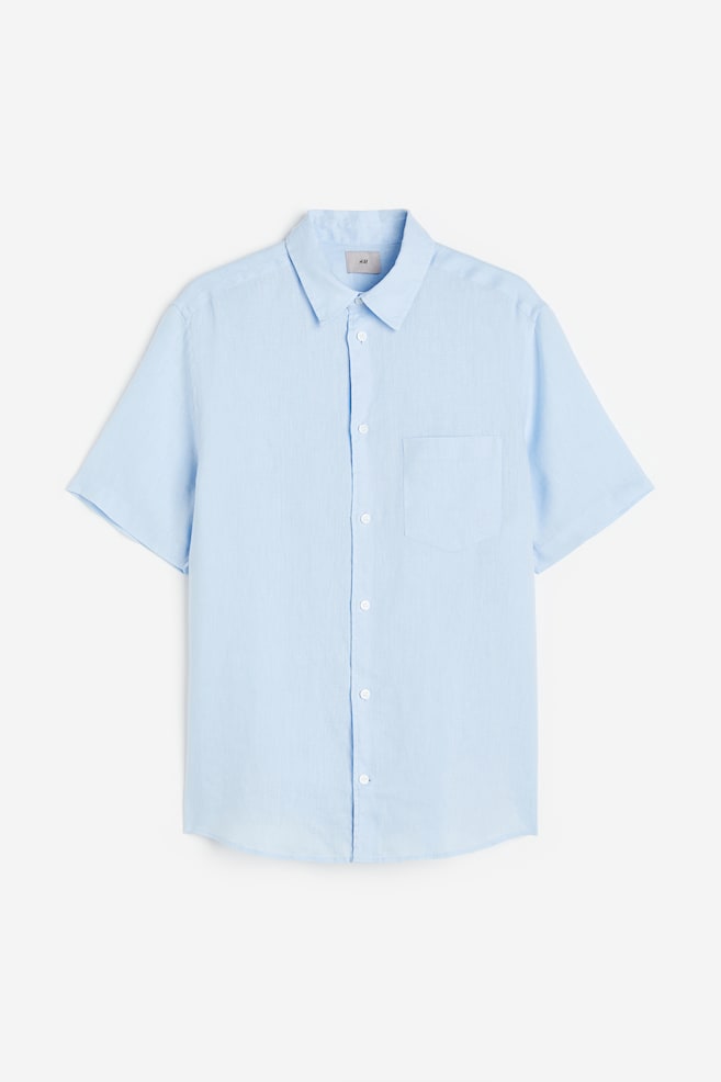 Camicia in lino a maniche corte Regular Fit - Azzurro/Bianco/Marrone scuro - 1
