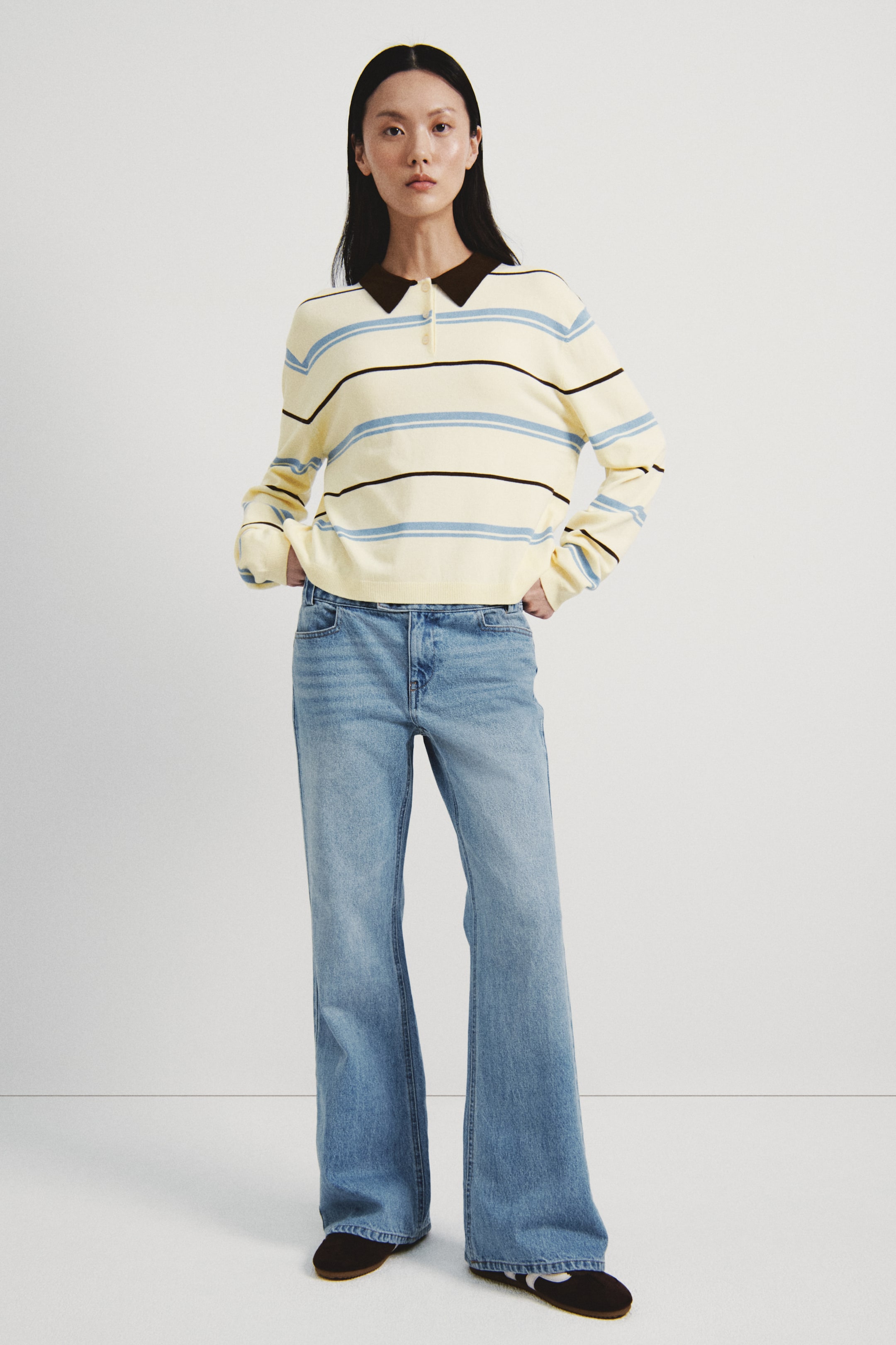 이미지 확대 보기: 파인니트 폴로셔츠 - 라이트 옐로/스트라이프 - 여성 | H&M KR 1