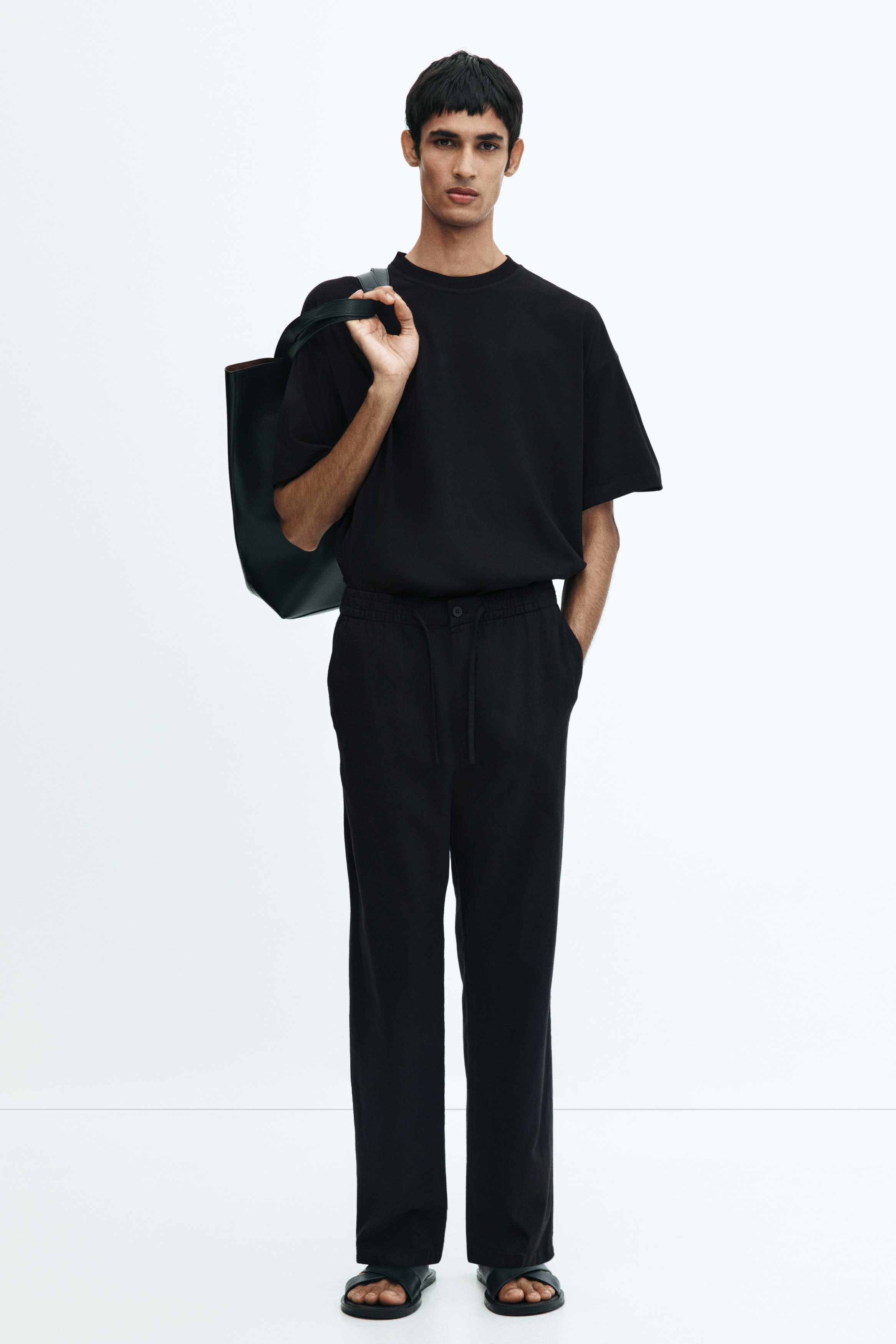 Pantalón Regular Fit en mezcla de lino - Negro/Blanco/Beige