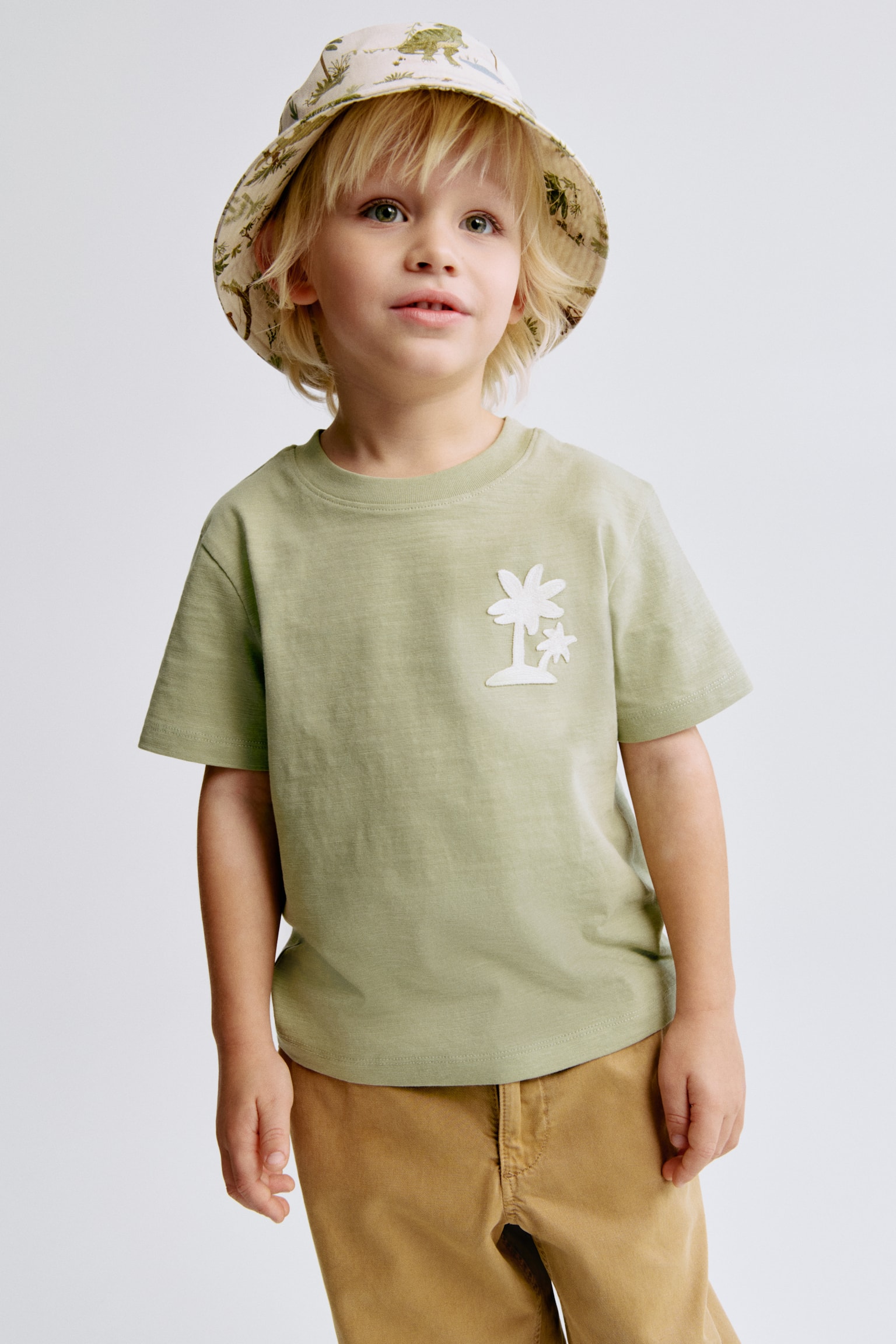 T-shirt in cotone - Verde kaki chiaro/palme/Blu/righe - 2