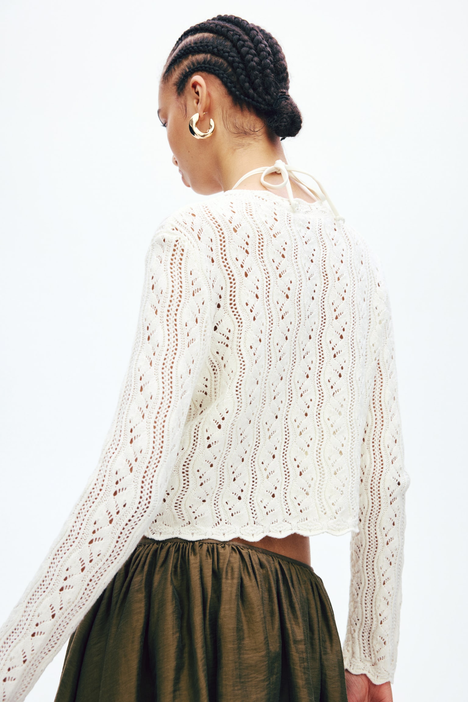 Pointelle-knit tie-front cardigan - Cream/Dark brown - 4
