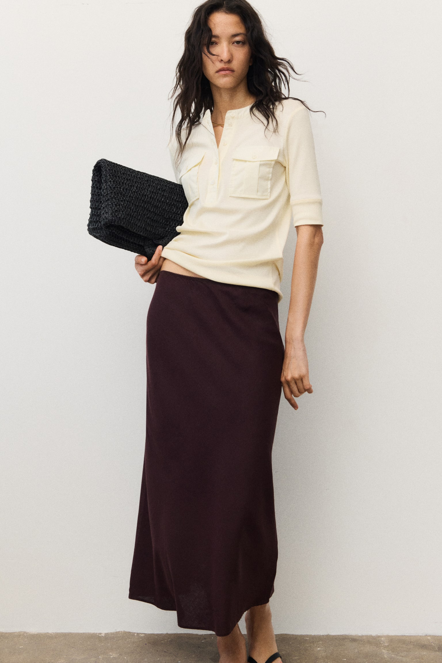 Linen-blend slip skirt - Dark brown/White - 1
