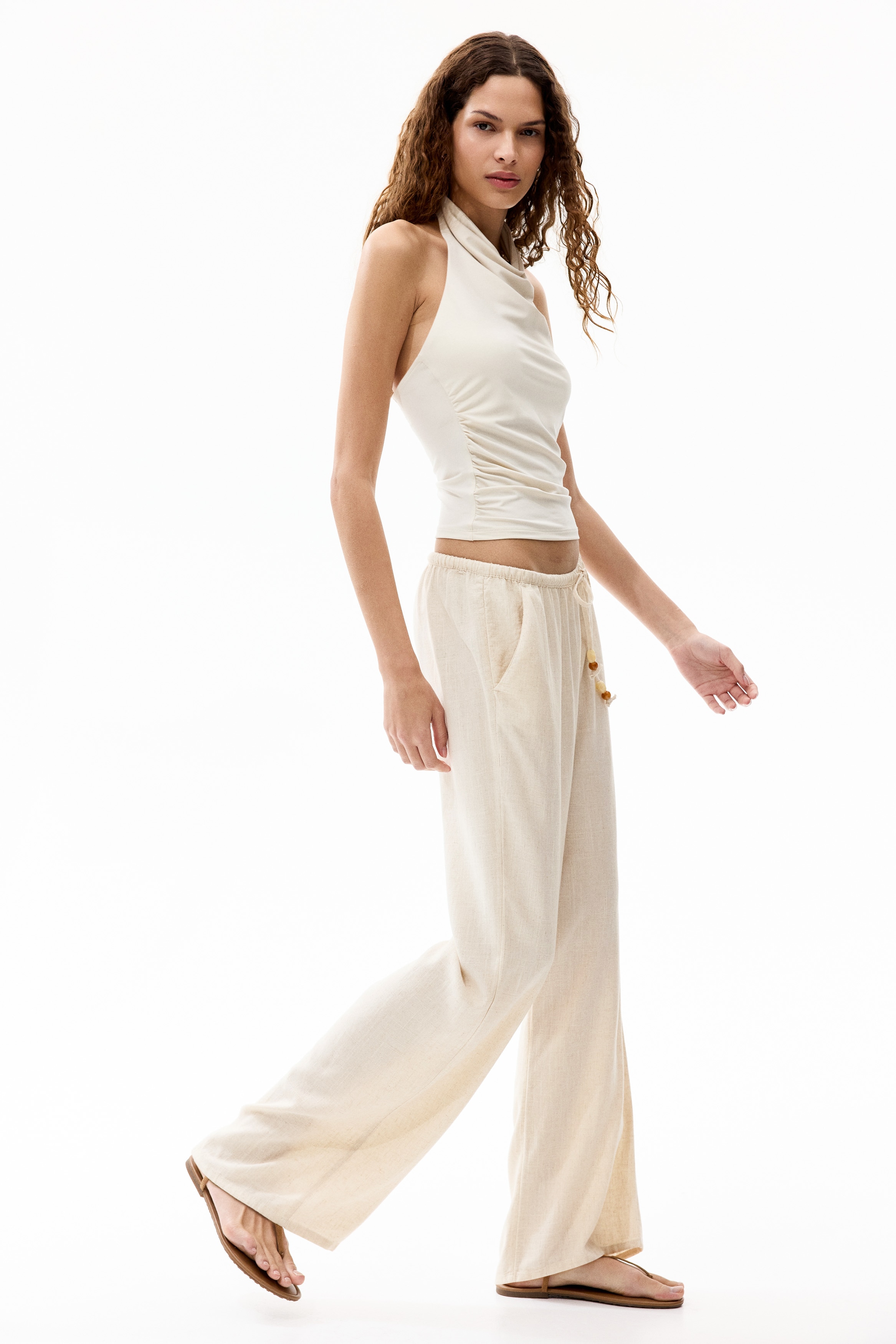 Broek van linnenmix met drawstring - Lichtbeige/Roestrood/Zwart/Zwart/gestreept