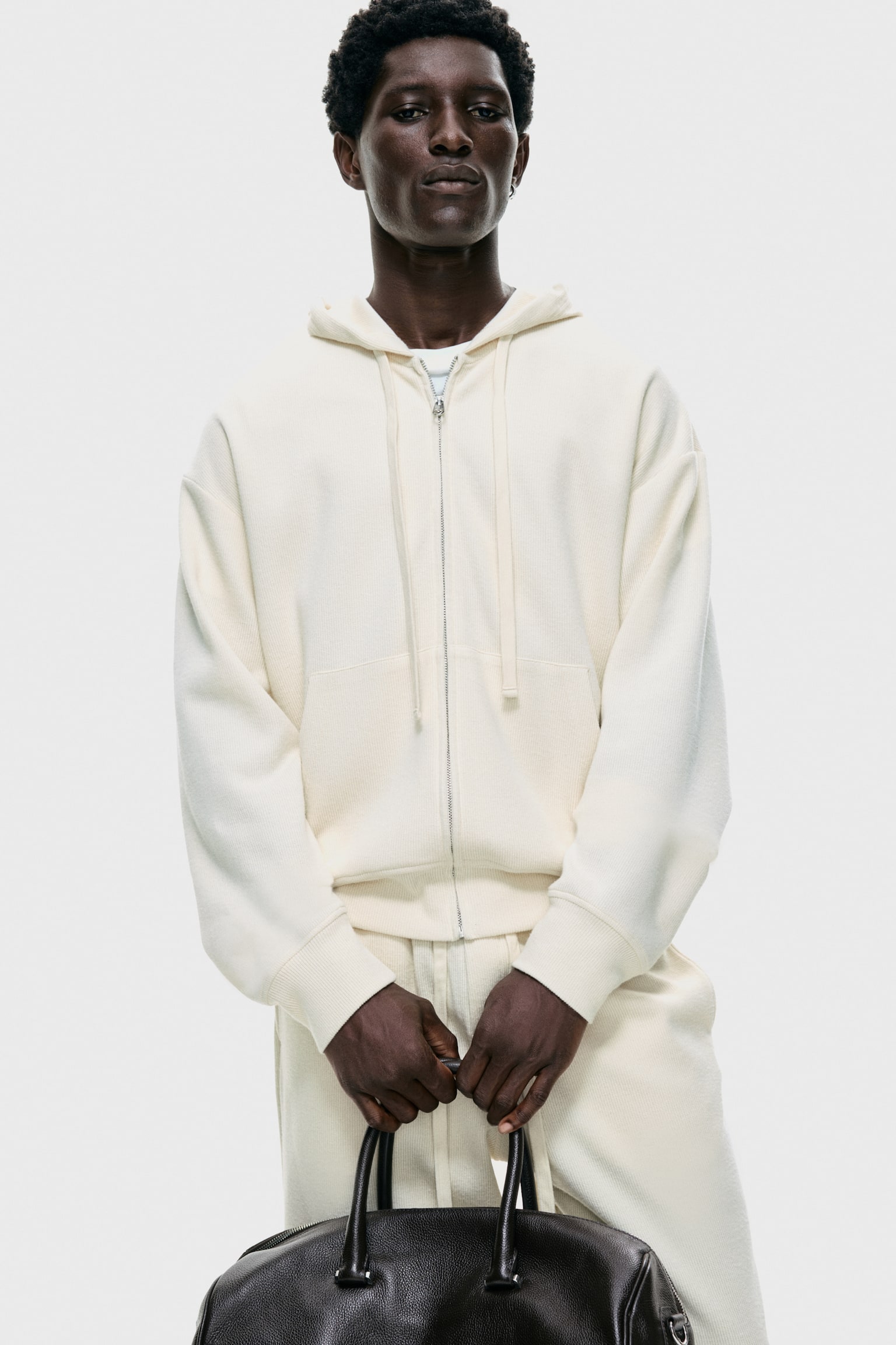 Loose Fit Jersey zip-through hoodie - Cream - 3
