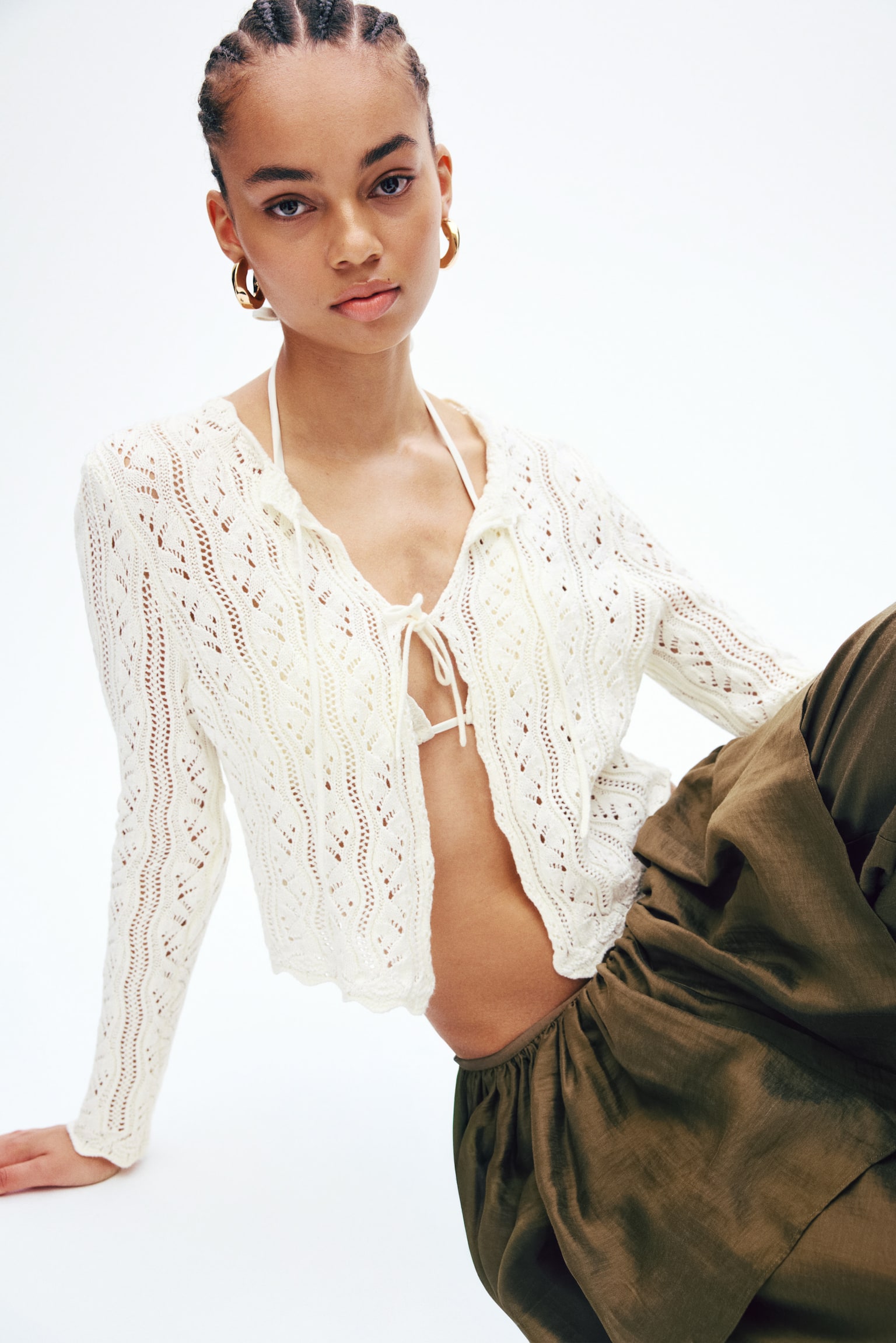 Pointelle-knit tie-front cardigan - Cream/Dark brown - 7