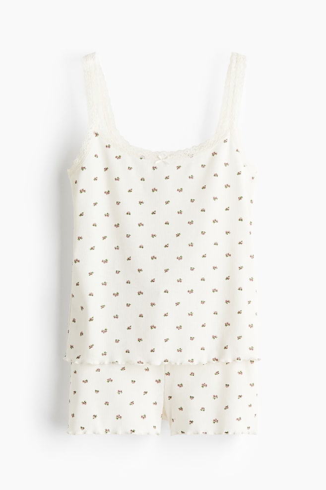 Ribbed Pajamas - Cream/floral/Light gray-green - 1