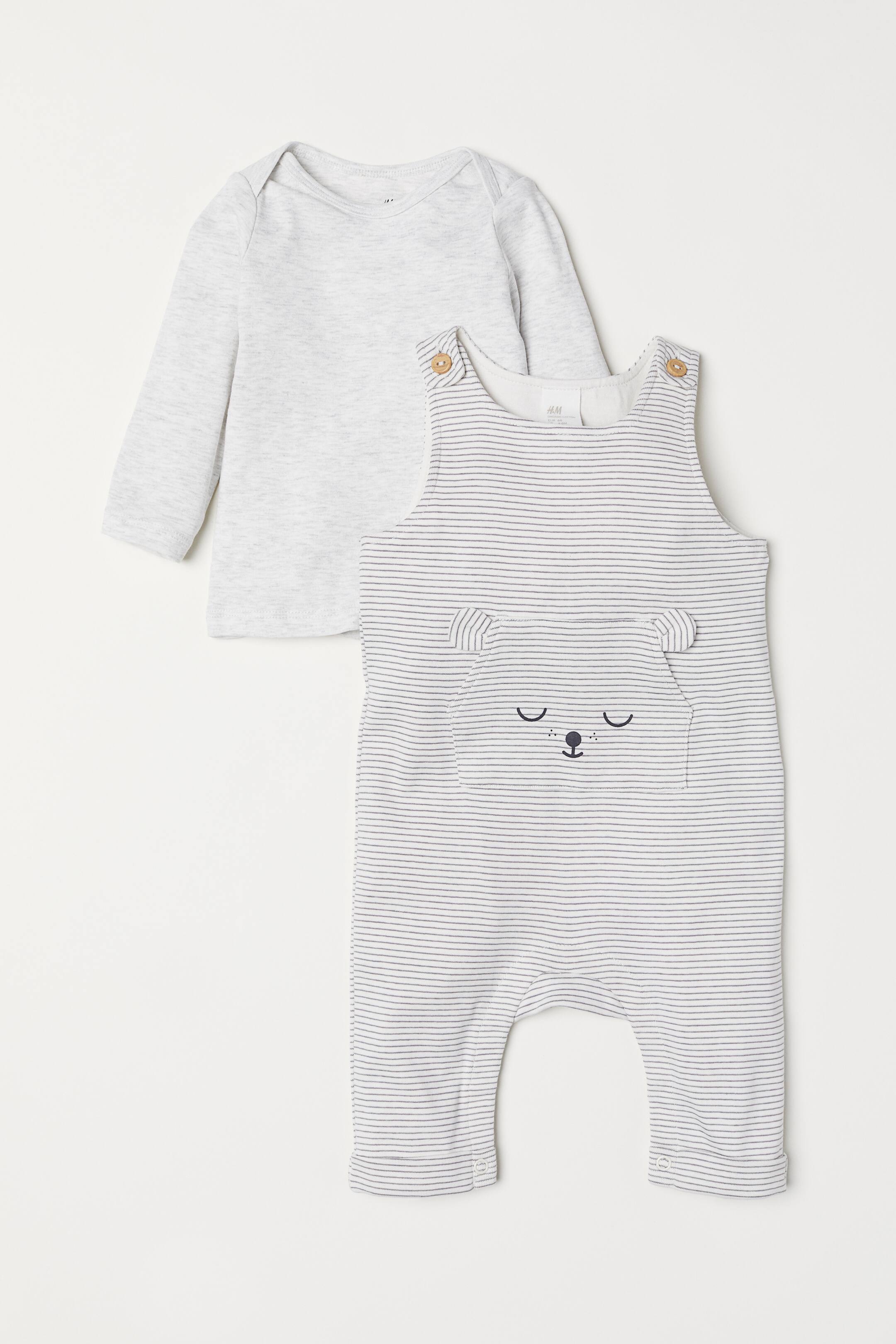 View larger image: Cotton dungarees and top - Light grey/Striped - Kids | H&M 1