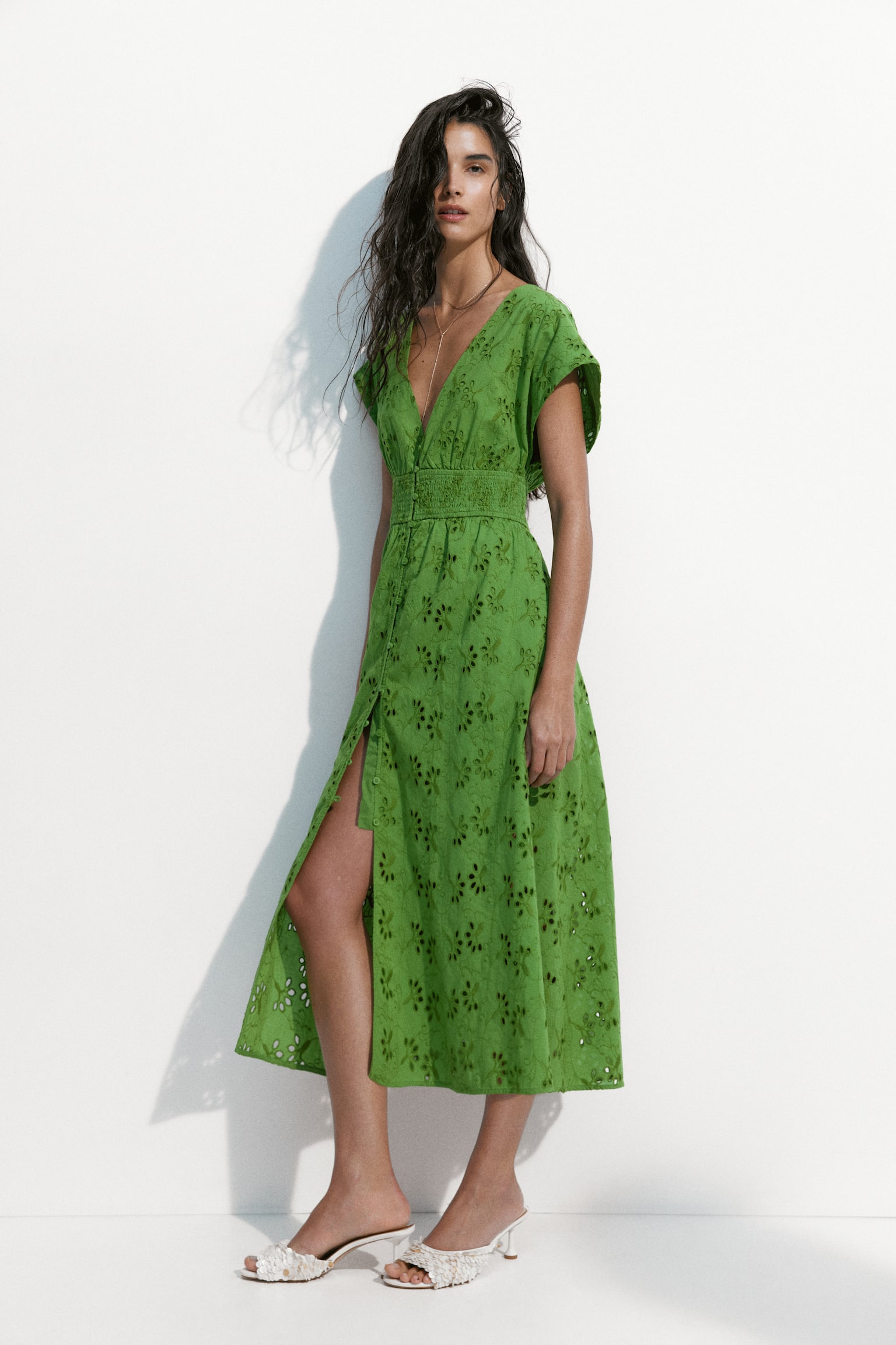 Broderie-anglaise cotton dress-Green - 4