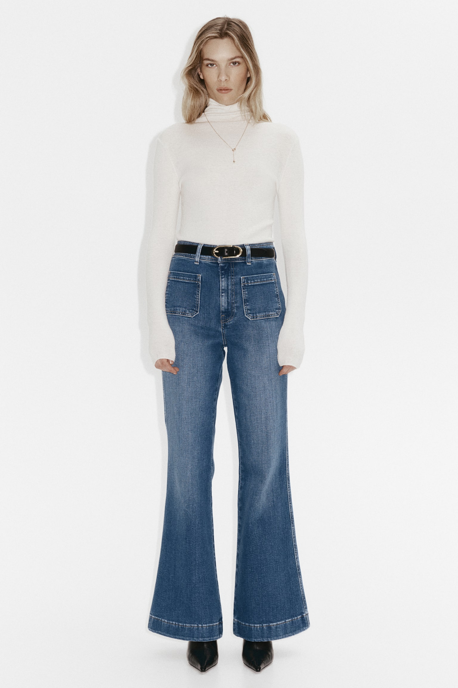 Jean évasé taille haute - Bleu denim/Blanc/Bleu denim foncé/Bleu denim foncé/Blanc/Rose pêche - 1