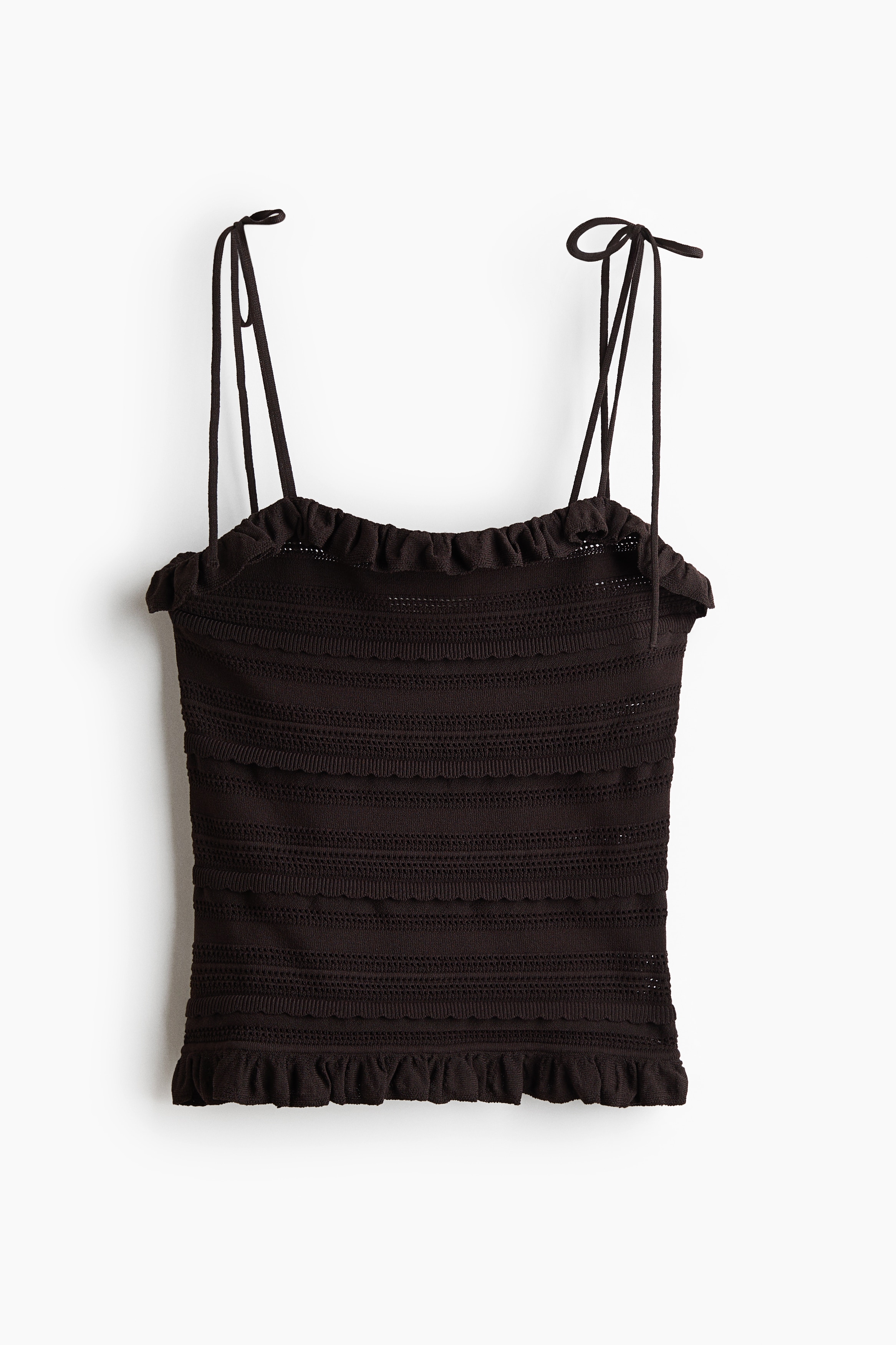 Top in maglia traforata con spalline da annodare - Marrone scuro/Bianco
