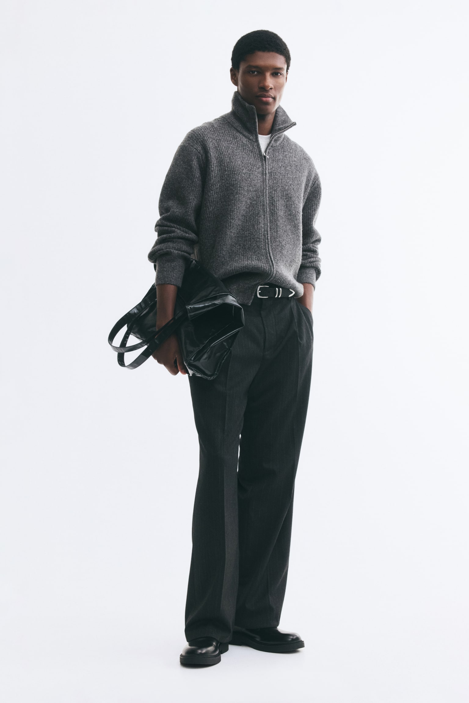 Мужской кардиган H&M Regular-Fit Rib-knit Cardigan with Zipper, цвет: Тёмный серый меланжевый — фото 3