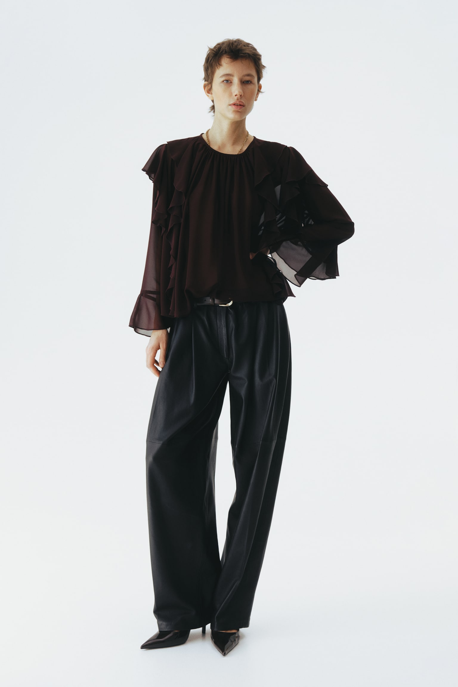Camicetta trasparente con volant - Marrone scuro - 3