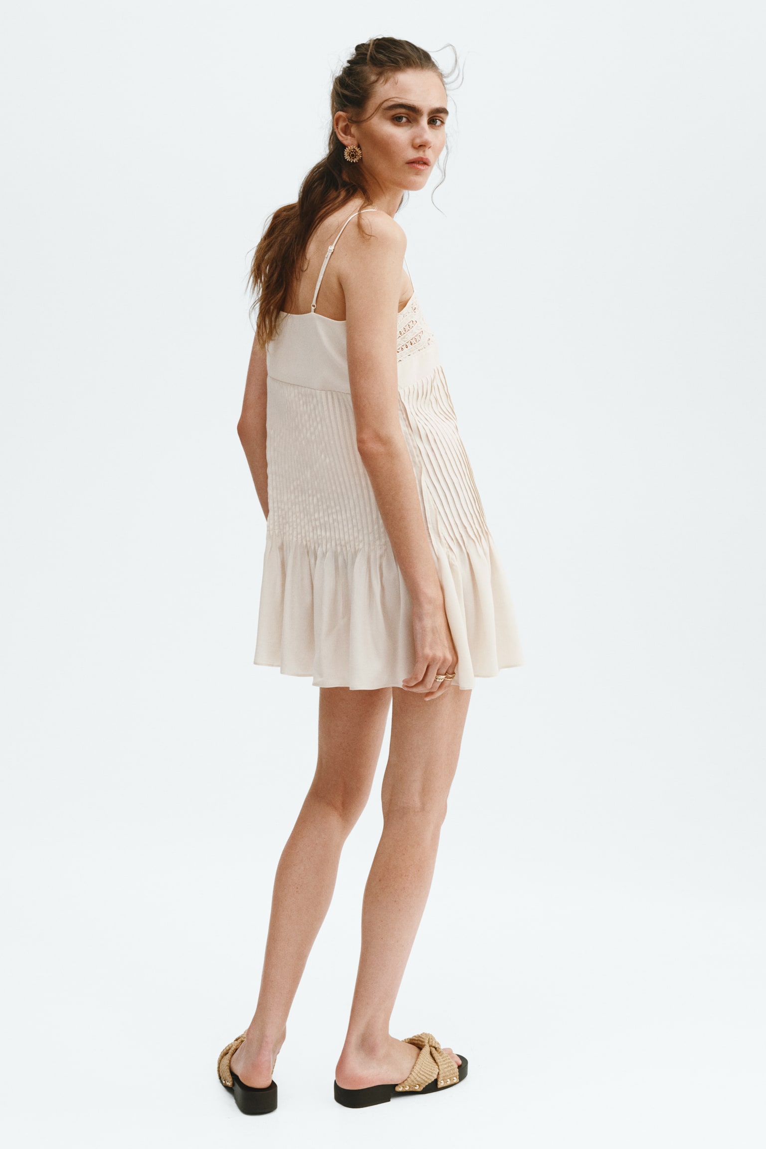 Lace-panel pintuck dress - Cream - 4