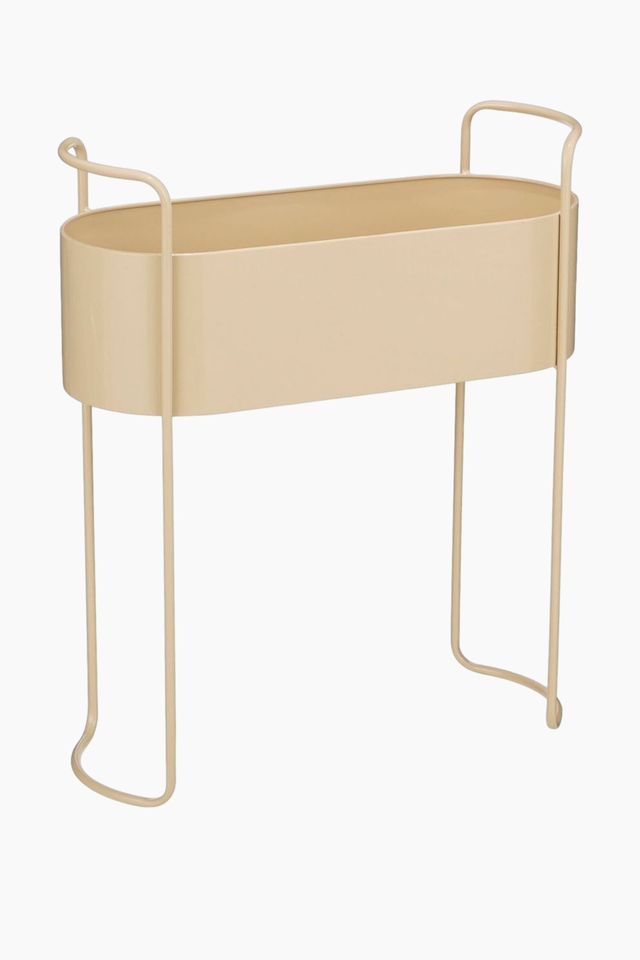 Se større billede: En cremefarvet oval plantekasse med et integreret stativ, der har fire slanke ben og to buede håndtag, der stiger op fra dens ender.
