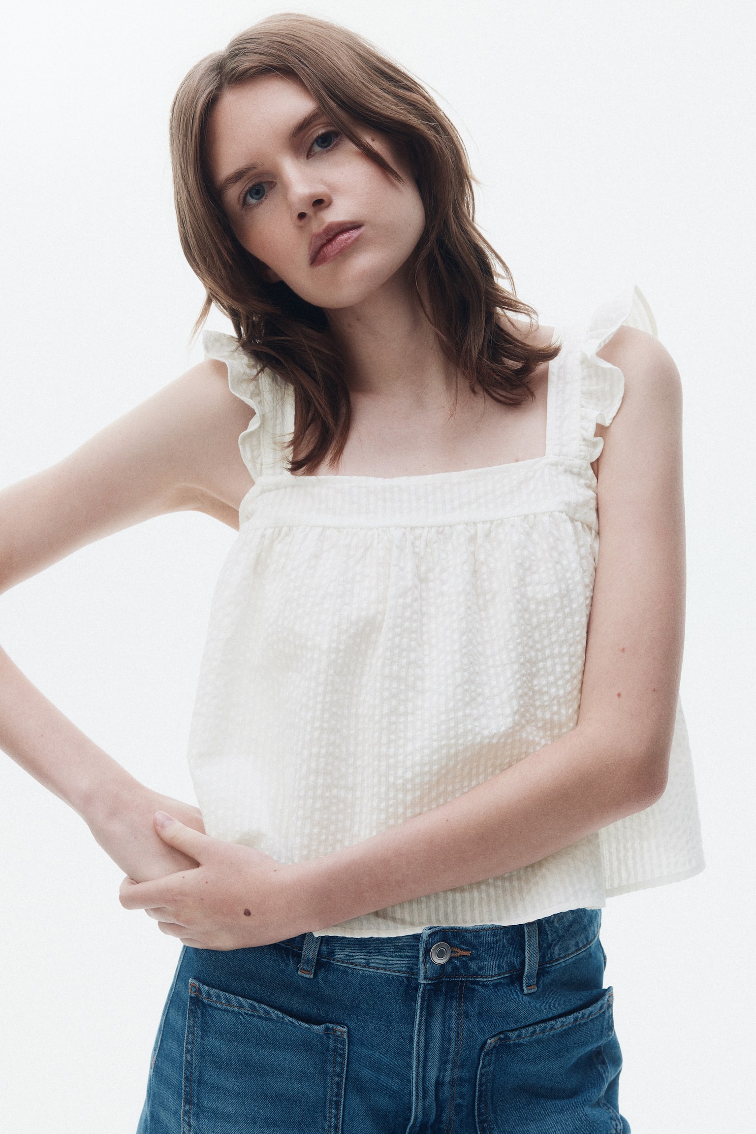 Top en seersucker de algodón - Blanco/Beige claro/Franjas/Azul claro/Cuadros - 3