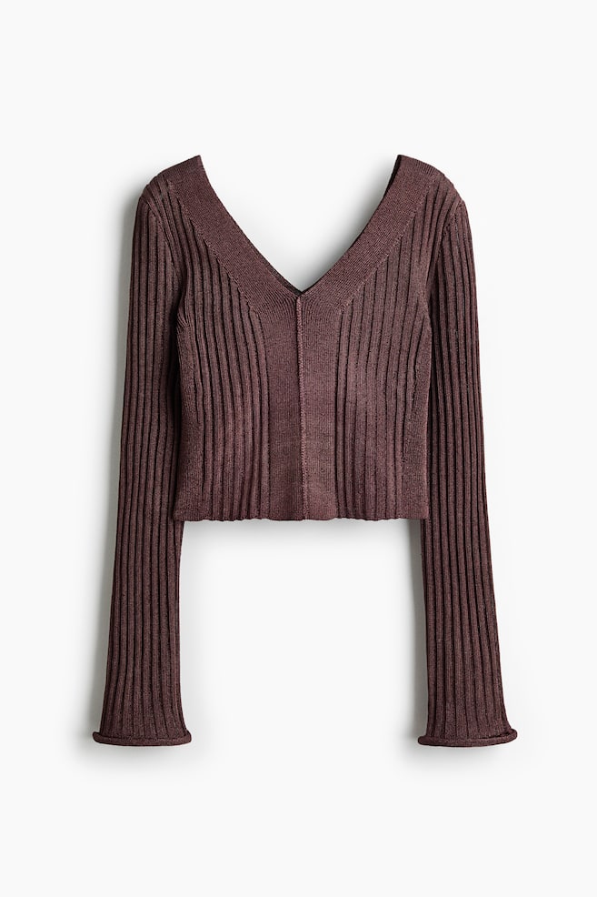 Glittery rib-knit top - Dark brown - 1