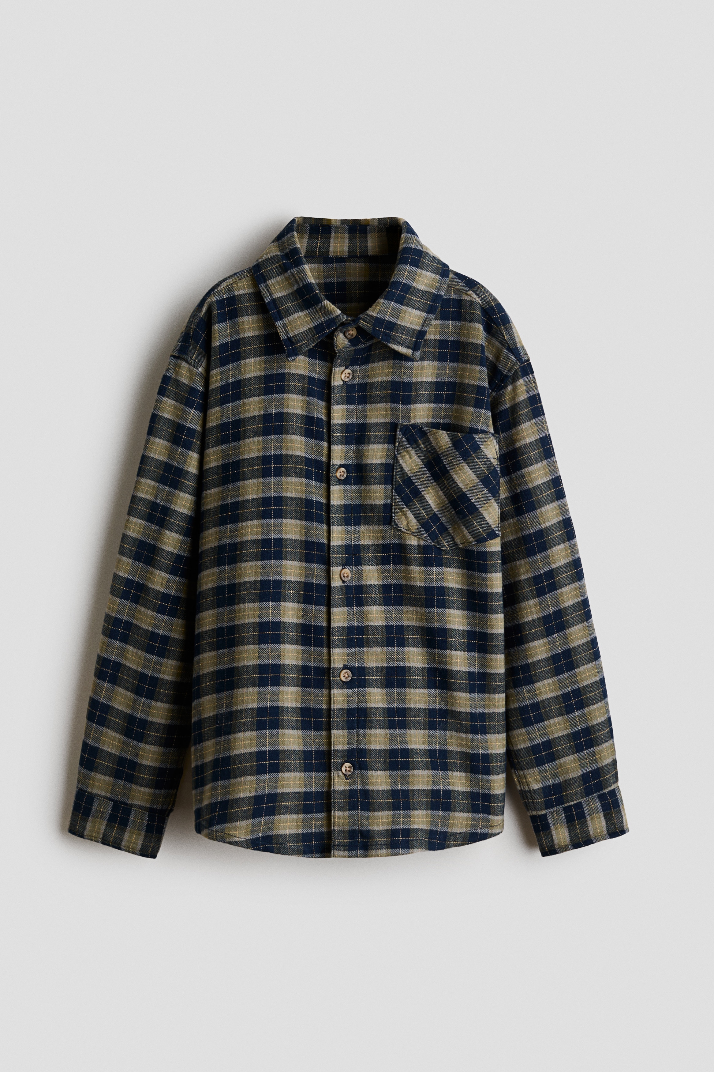 Cotton Flannel Shirt - Khaki green/plaid/Gray/checked