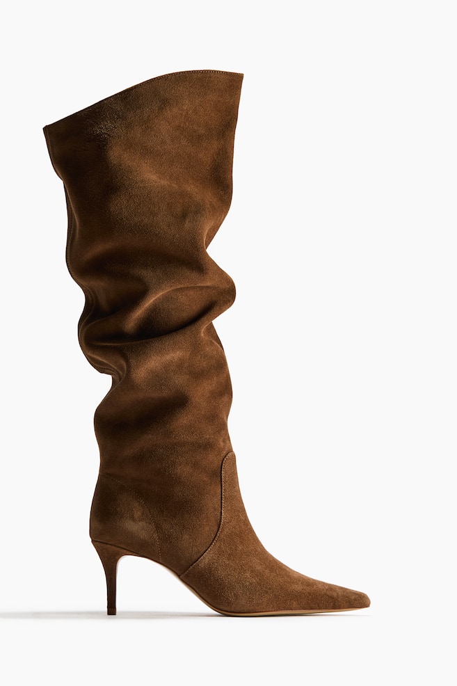 Knee-High Split Suede Boots - Brown/Beige - 1