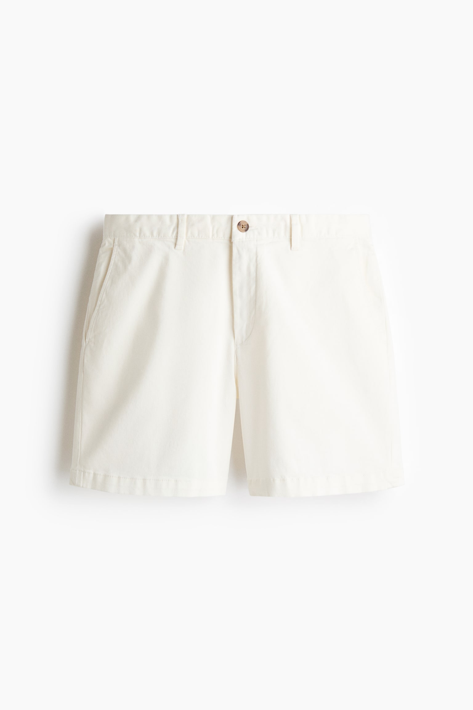 Chino shorts are presented front-facing, featuring a single button closure at the waist and a visible zip fly. Diagonal side pockets are also visible on both sides. - 1